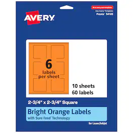Avery - Printable Square Labels, Bright 2.75" x 2.75", 60ct - Orange