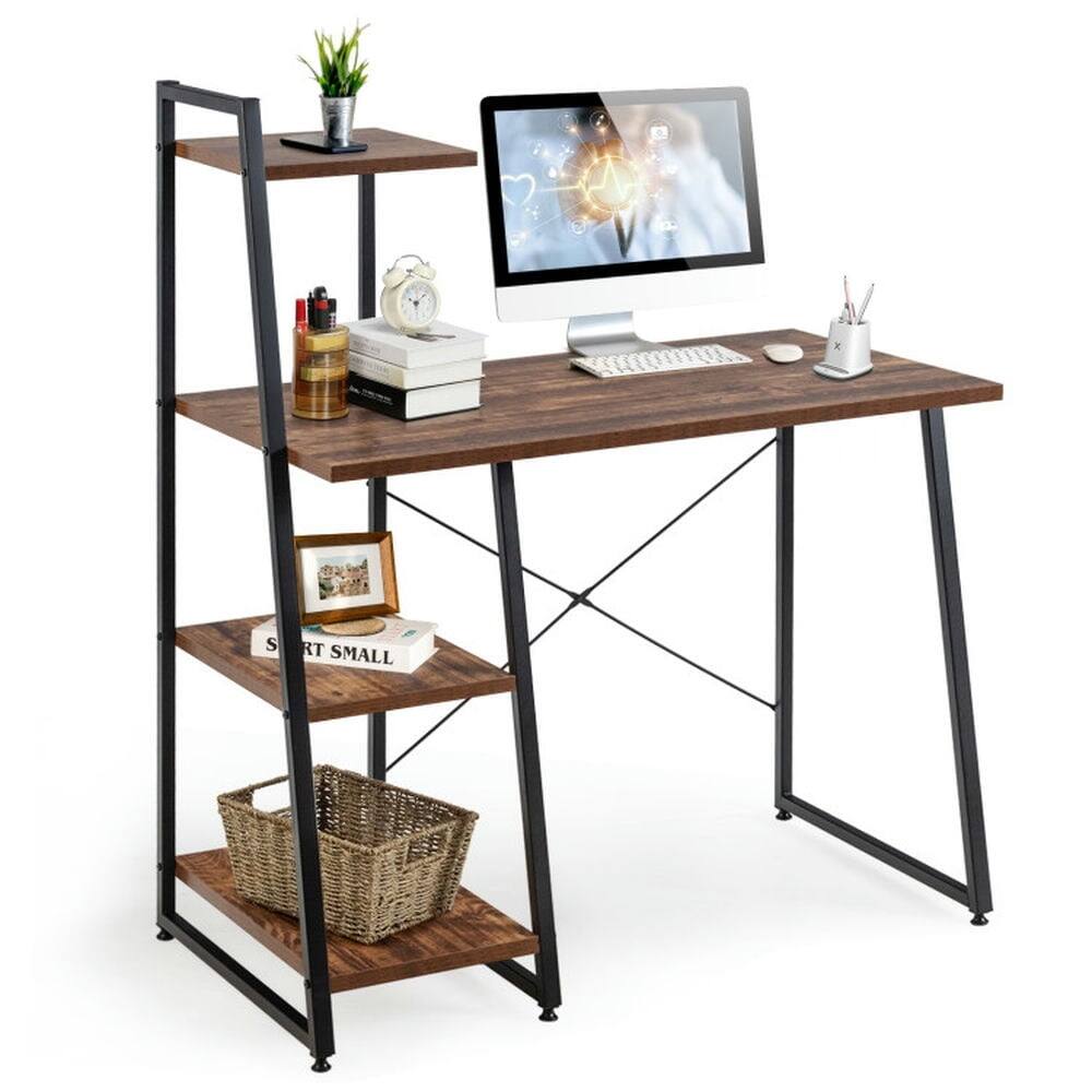 Alt View 1. Kadyn - Compact Computer Desk Workstation with 4 Tier Shelves for Home and Office-Brown, Home Office Desks,  Computer Desks - Brown.