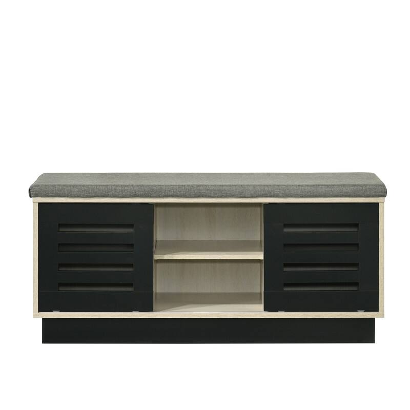 Left. Whisen - Sliding Door Shoe Storage Bench with Upholstered Seat and Adjustable Shelves-Oak - Oak.