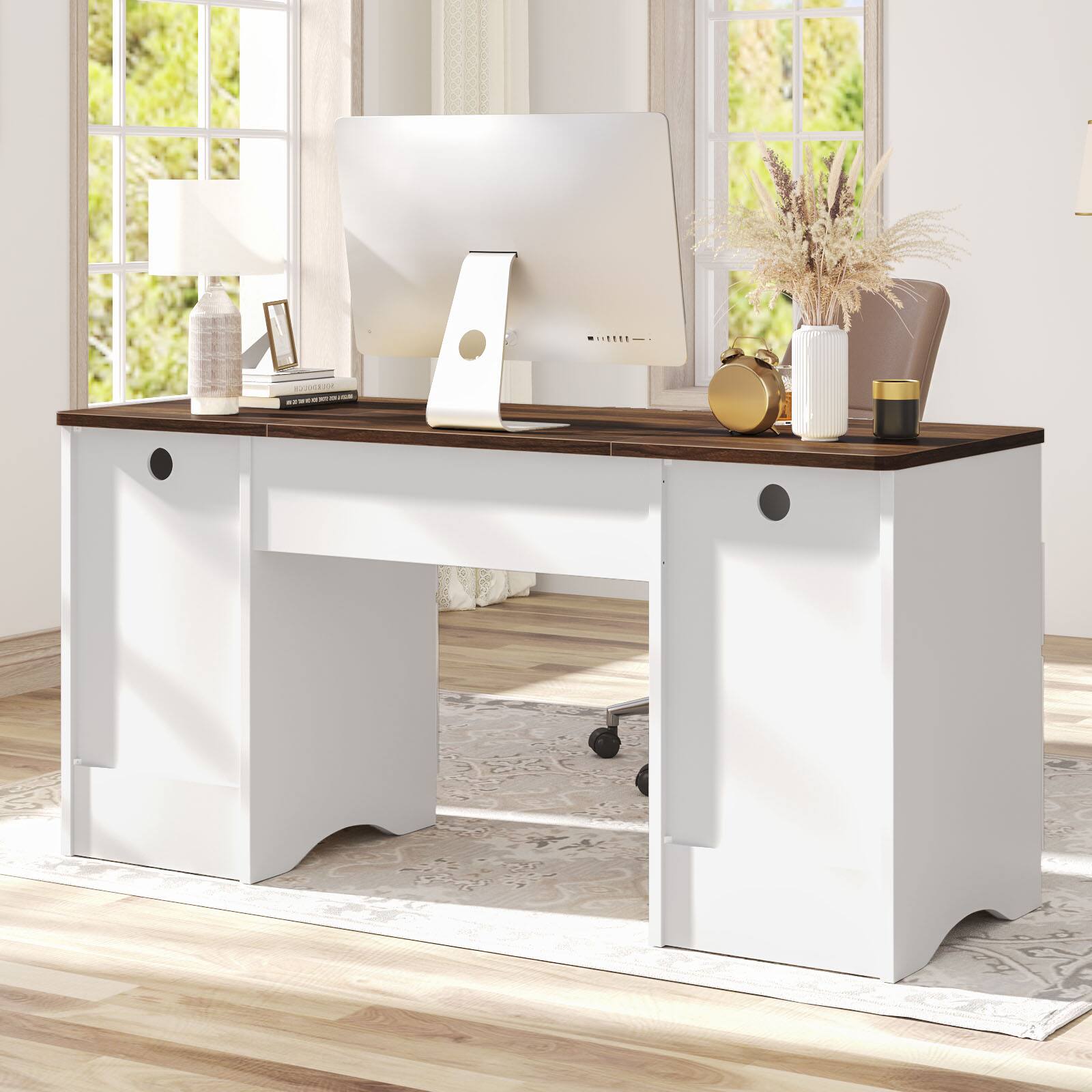 Alt View 2. Bestier - 59-inch Four Drawer Desk with Keyboard Tray & File Storage - Walnut.