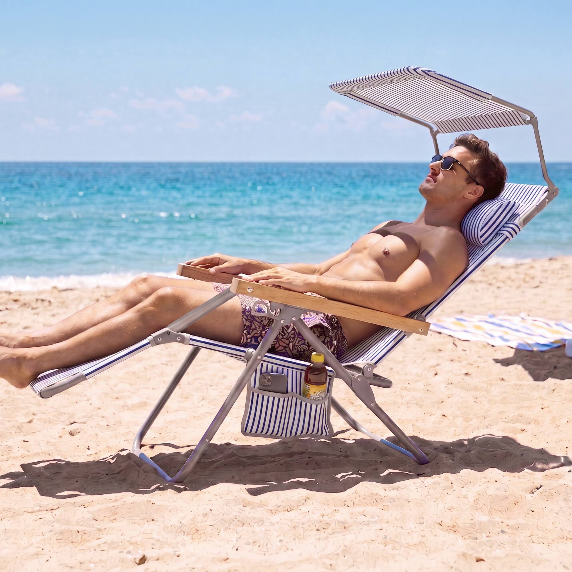Alt View 8. Best Choice Products - Best Choice Products Beach Chair with Canopy, Folding Zero Gravity Reclining Camp Chair, Carry Straps - Deep Sea Stripe - Deep Sea Stripe.