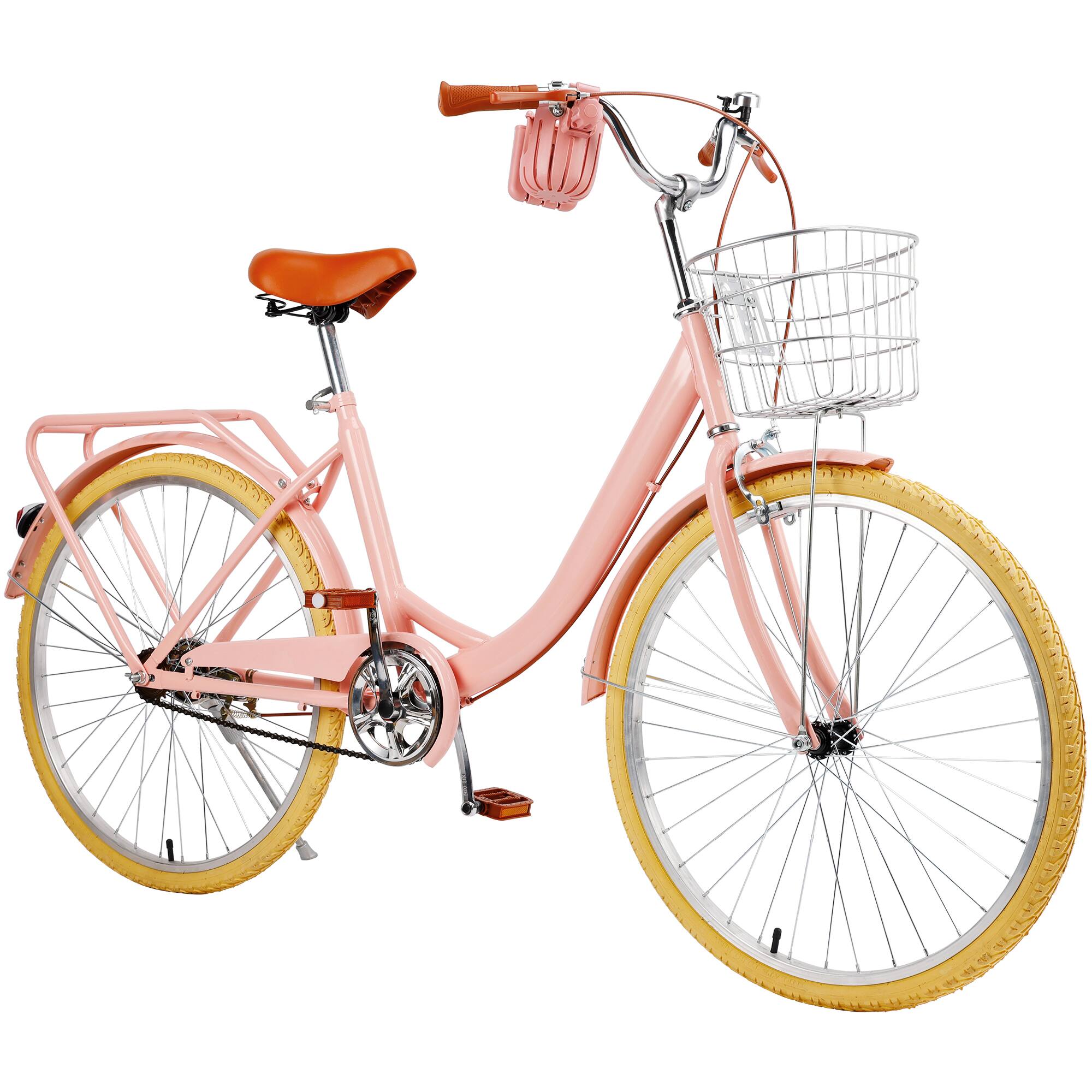Angle. Topteng - 26 Inch City Cruiser Bike For Adult with Front Basket & Rear Rack High Carbon Steel Frame, Dual Brakes Bicycle Pink - Pink.