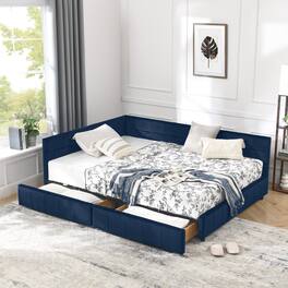 Anysun - Full Size Velvet Tufted Storage Bed Frame - Sofa Bed with Backrest & Armrests for Bedroom or Living Room - Blue