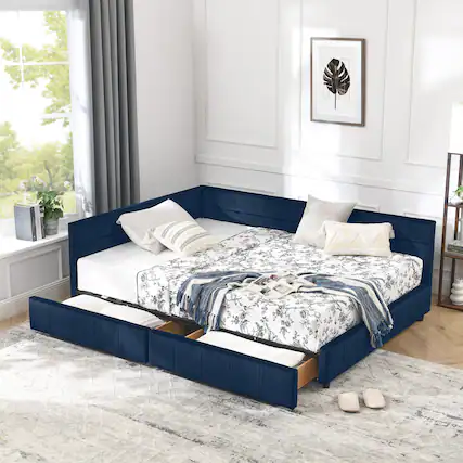 Front. Anysun - Full Size Velvet Tufted Storage Bed Frame - Sofa Bed with Backrest & Armrests for Bedroom or Living Room - Blue.