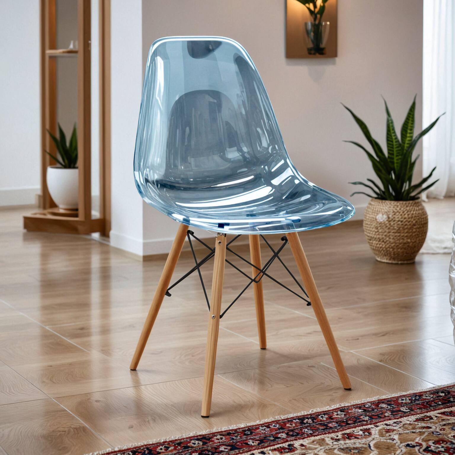 Angle. LeisureMod - Dover Mid-Century Modern Dining Chair, ABS Plastic Seat with Wood Legs - Transparent Blue.