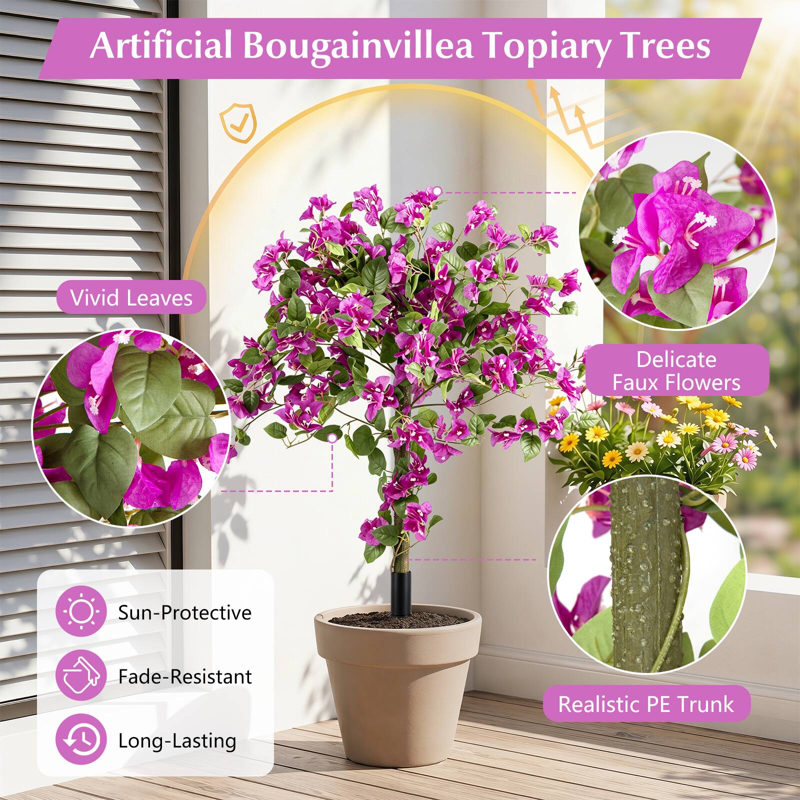 Artificial Bougainvillea Topiary Trees

- Vivid Leaves
- Delicate Faux Flowers
- Sun-Protective
- Fade-Resistant
- Long-Lasting
- Realistic PE Trunk