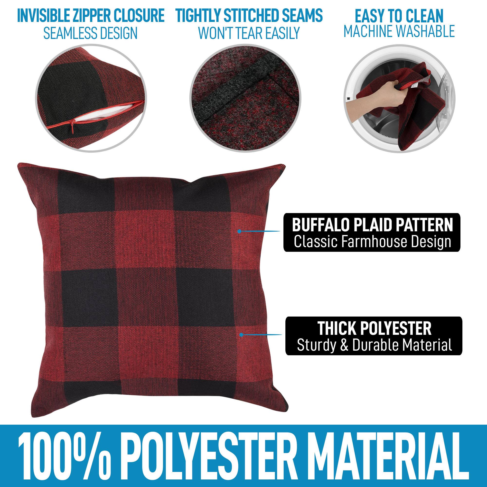 - Invisible Zipper Closure
  - Seamless Design

- Tightly Stitched Seams
  - Won't Tear Easily

- Easy to Clean
  - Machine Washable

- Buffalo Plaid Pattern
  - Classic Farmhouse Design

- Thick Polyester
  - Sturdy & Durable Material

- 100% Polyester Material