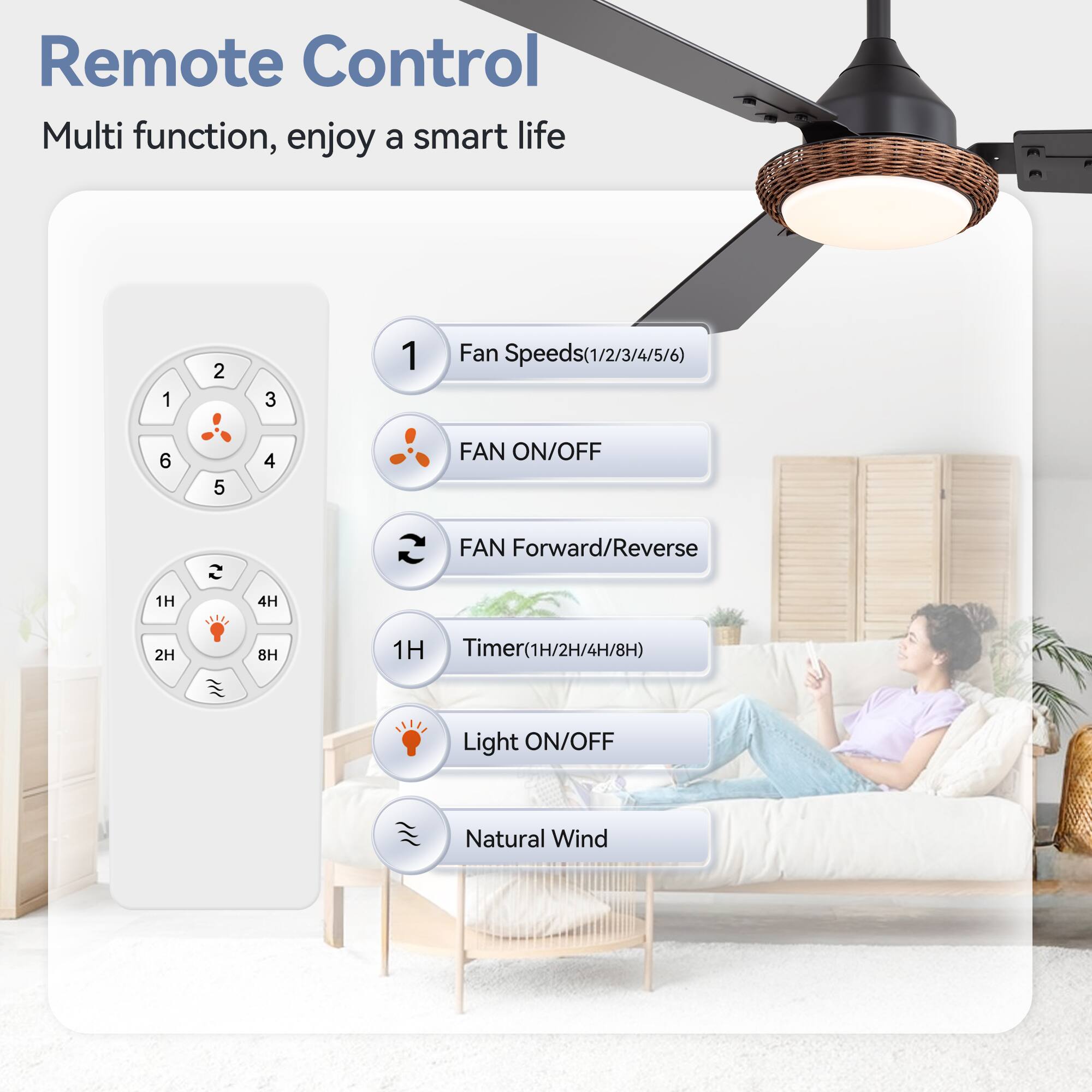 Remote Control
Multi function, enjoy a smart life
1 2 3 1 Fan Speeds(1/2/3/4/5/6)
6 5 4 FAN ON/OFF
FAN Forward/Reverse
1H 4H 2H 8H 1H Timer(1H/2H/4H/8H)
Light ON/OFF
Natural Wind