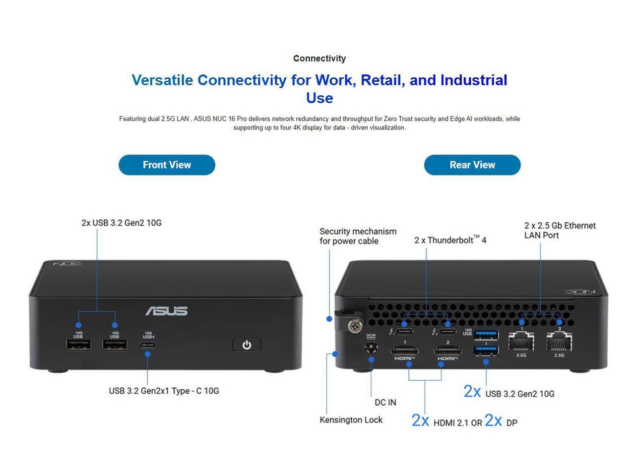 Connectivity  
Versatile Connectivity for Work, Retail, and Industrial Use

Featuring dual 2.5G LAN, ASUS NUC 16 Pro delivers network redundancy and throughput for Zero Trust security and Edge AI workloads, while supporting up to four 4K display for data-driven visualization.

Front View  
- 2x USB 3.2 Gen2 10G  
- USB 3.2 Gen2x1 Type C 10G  

Rear View  
- Security mechanism for power cable  
- 2 x Thunderbolt 4  
- 2 x 2.5 Gb Ethernet LAN Port  
- 2x USB 3.2 Gen2 10G  
- 2x HDMI 2.1 OR 2x DP  
- DC IN  
- Kensington Lock