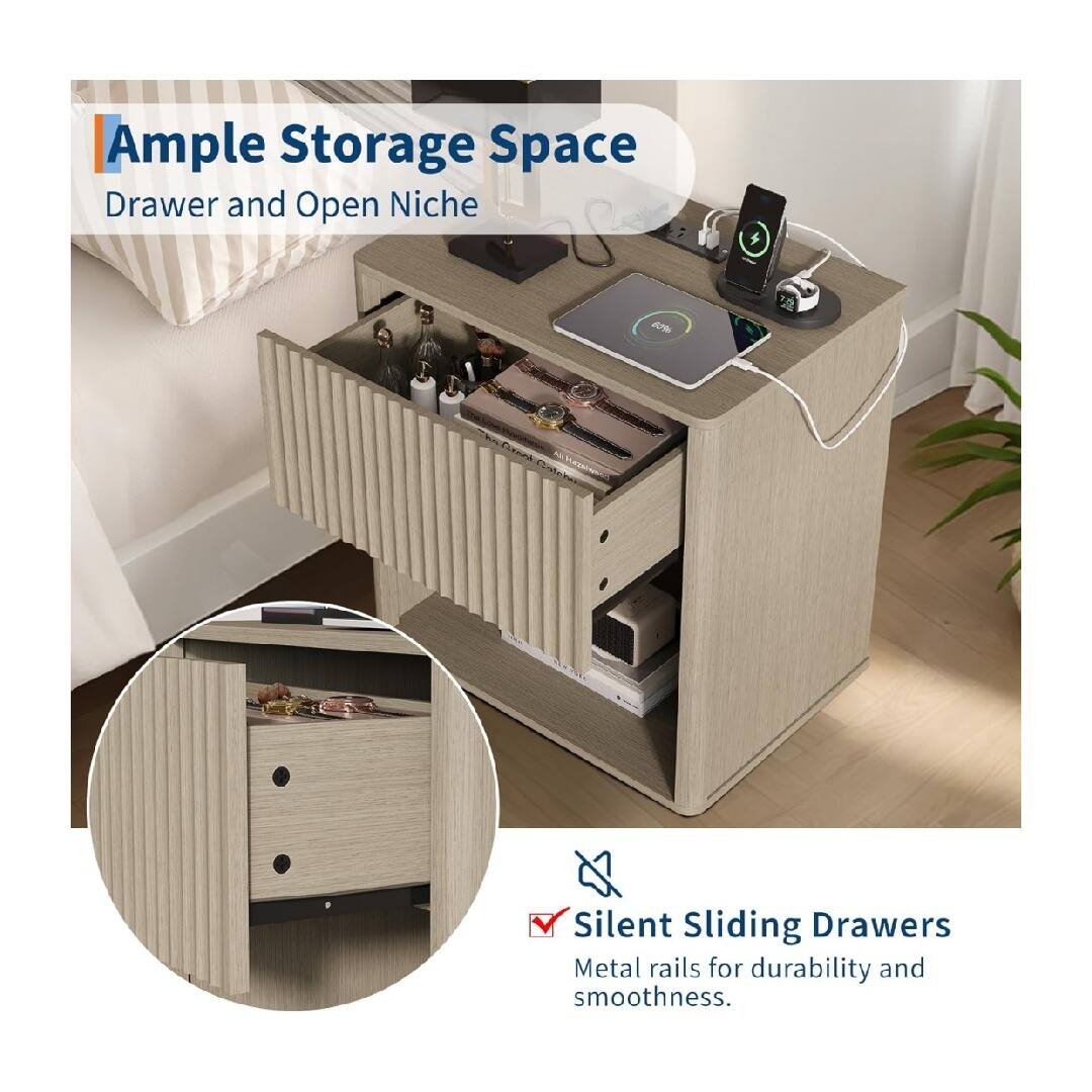Ample Storage Space  
Drawer and Open Niche  

Silent Sliding Drawers  
Metal rails for durability and smoothness.