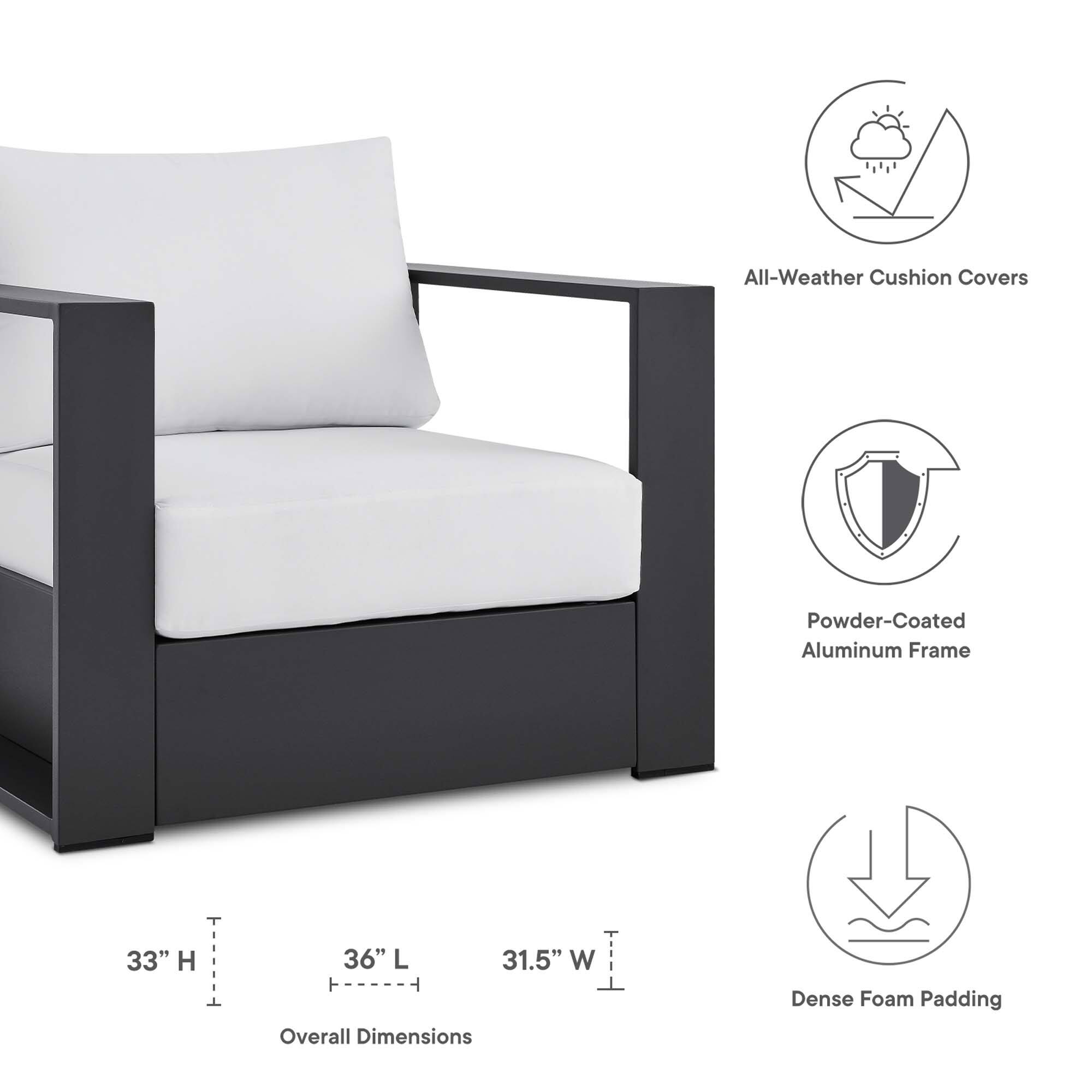 All-Weather Cushion Covers  
Powder-Coated Aluminum Frame  
33" H x 36" L x 31.5" W  
Overall Dimensions  
Dense Foam Padding