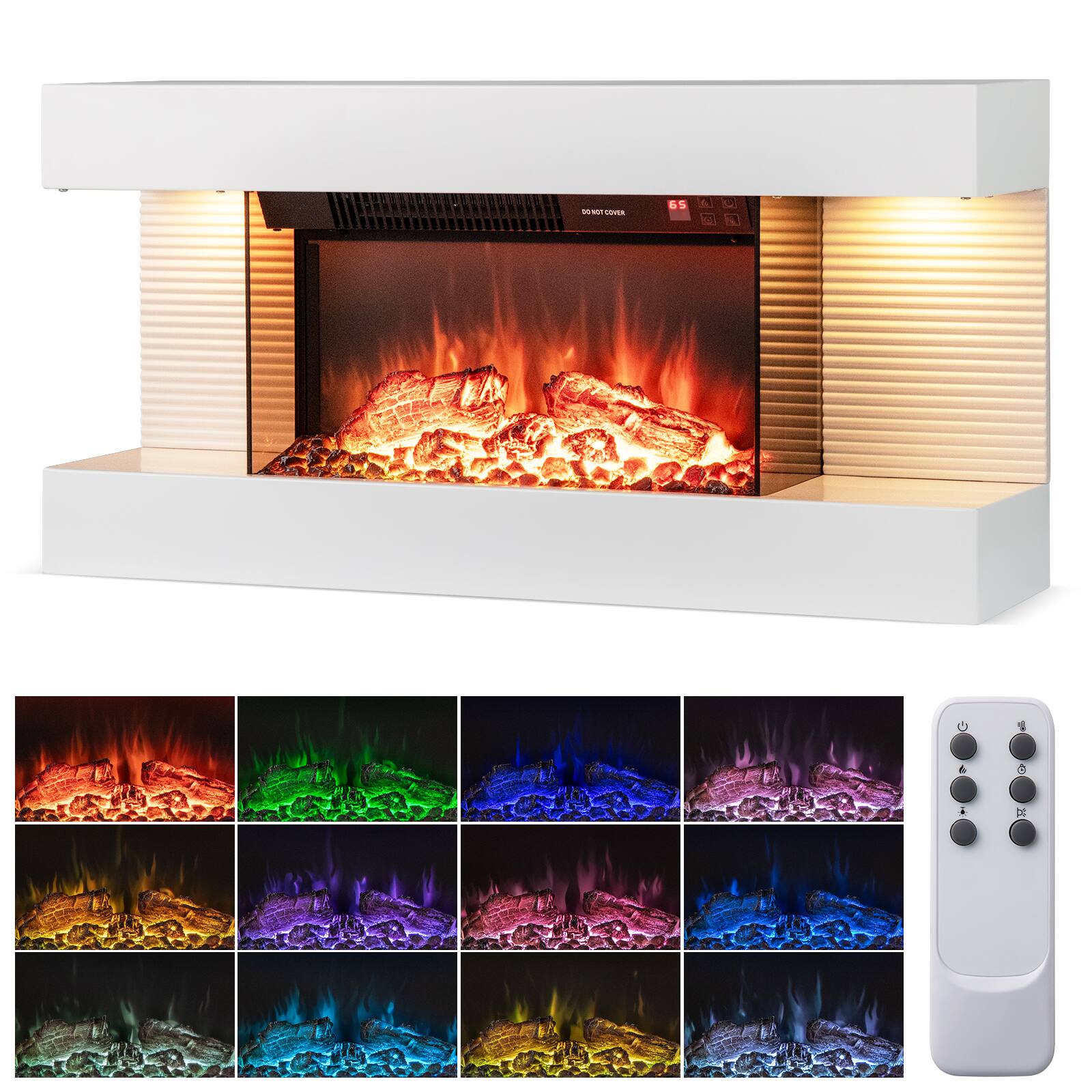Front. Gymax - Gymax 18'' Electric Fireplace w/ 32'' Floating Mantel 12-Color Dimmable Flame 8H Timer - White.