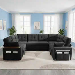 Dyonery - 112" Modular Convertible Sectional Sleeper Sofa with Pull Out Bed,Linen Convertible Couch with Storage Seat - Black