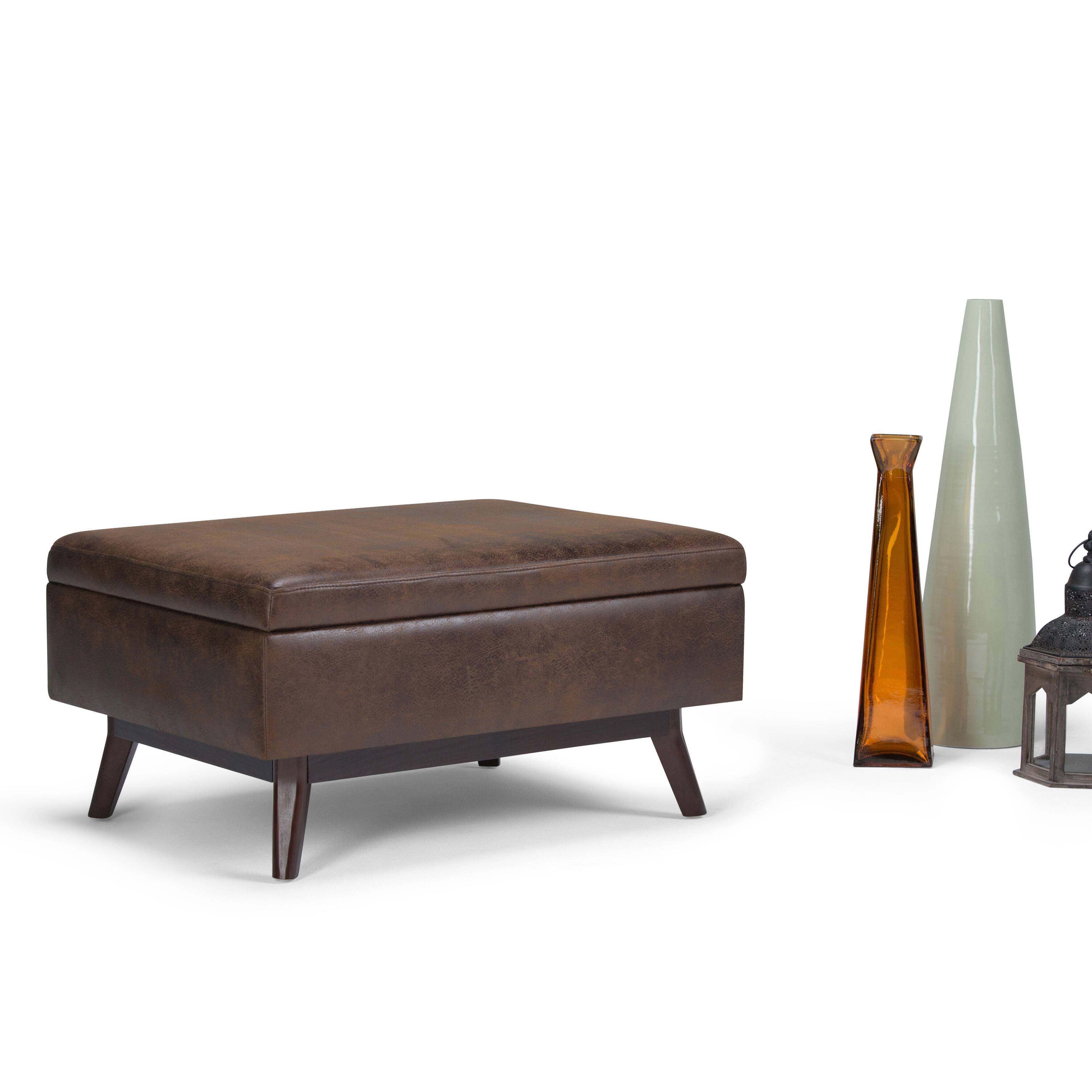Angle. Simpli Home - Owen 34 inch Wide Mid Century Modern Rectangle Coffee Table Storage Ottoman - Distressed Chestnut Brown.