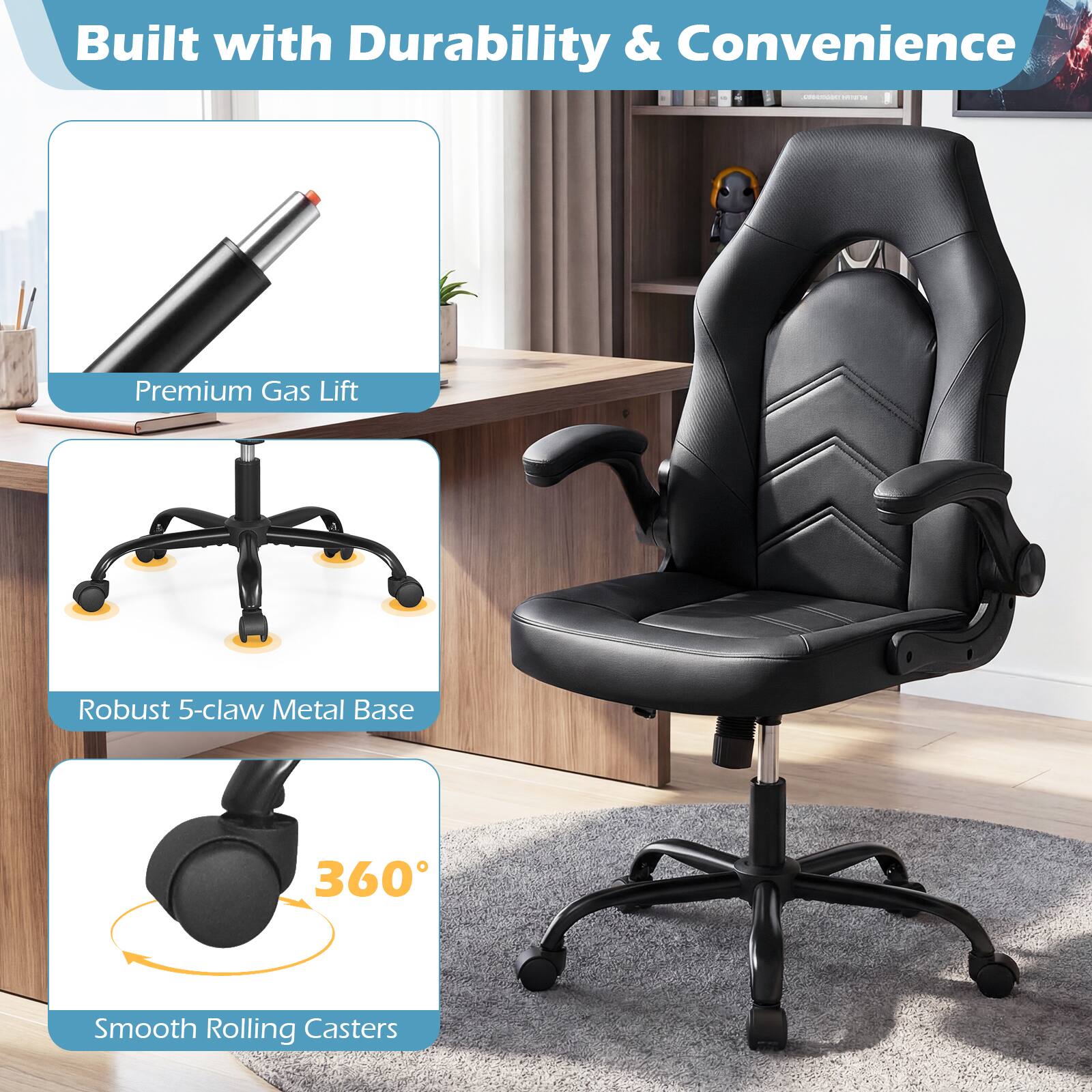 Built with Durability & Convenience

- Premium Gas Lift
- Robust 5-claw Metal Base
- 360° Smooth Rolling Casters