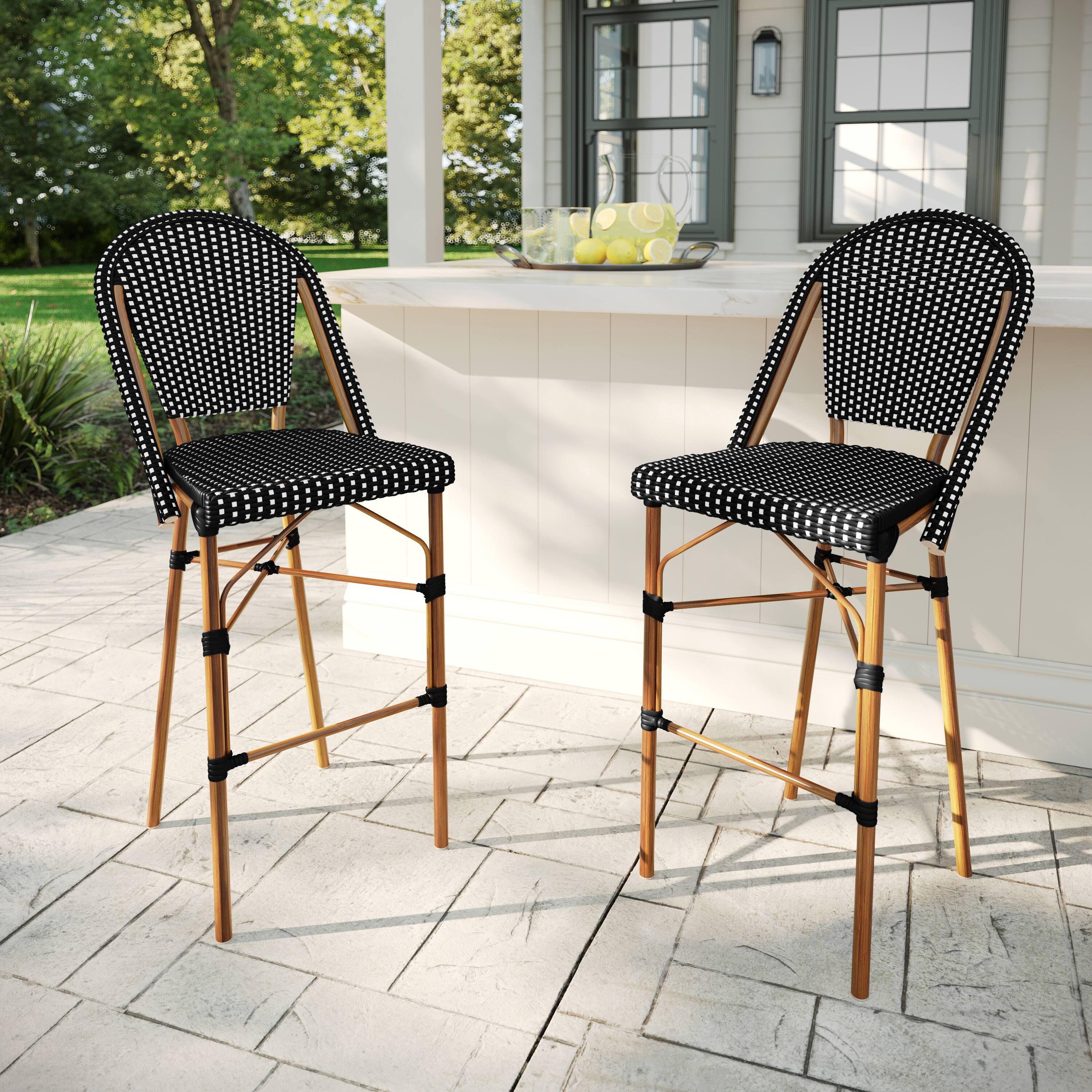 Alt View 1. Martha Stewart - Lily Pond 2PK All-Weather Stackable Patio Bistro Bar Stools - Black & White/Natural Frame.