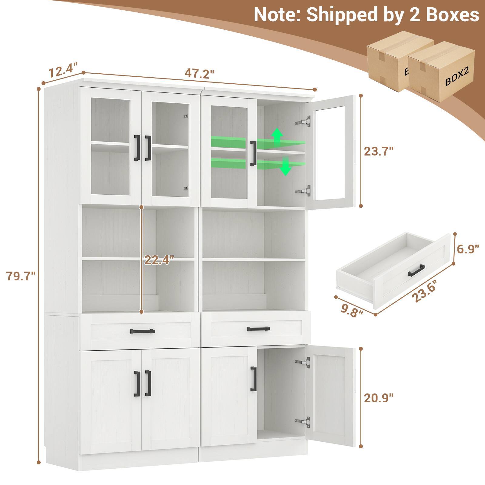 Note: Shipped by 2 Boxes

- 12.4" (height)
- 47.2" (width)
- 23.7" (height of upper cabinet)
- 79.7" (total height)
- 22.4" (height of middle section)
- 9.8" (depth of drawer)
- 23.6" (width of drawer)
- 6.9" (height of drawer)
- 20.9" (height of lower cabinet)