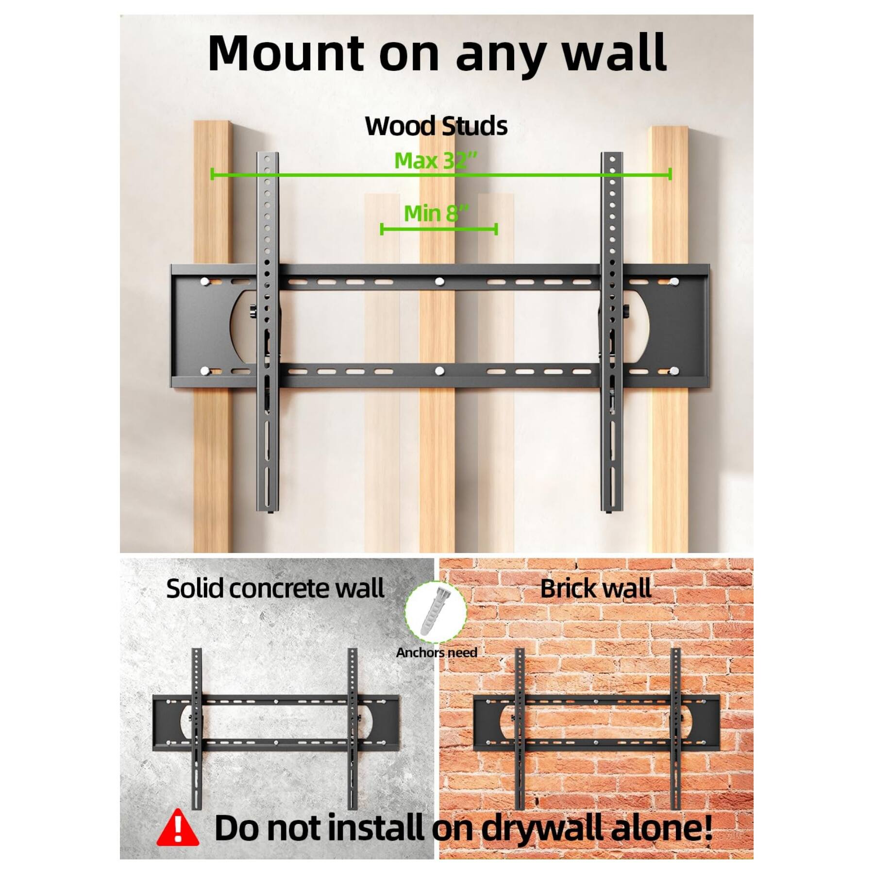 Mount on any wall

Wood Studs
Max 32"
Min 8"

Solid concrete wall
Brick wall
Anchors need

Do not install on drywall alone!