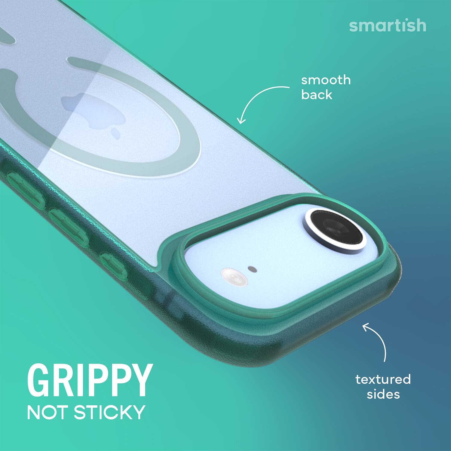 smartish  
smooth back  
GRIPPY NOT STICKY  
textured sides
