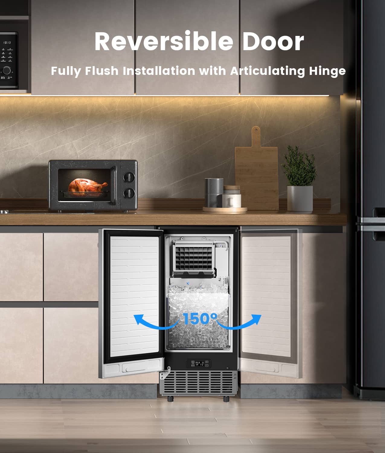 The text on the image reads: "Reversible Door Fully Flush Installation with Articulating Hinge 150". This text describes a feature of the refrigerator, which is a reversible door that can be installed flush with the cabinetry, providing a seamless and modern look. The articulating hinge allows for easy access to the refrigerator and freezer compartments. The number "150" likely refers to the capacity of the refrigerator, indicating that it can hold 150 liters of food.