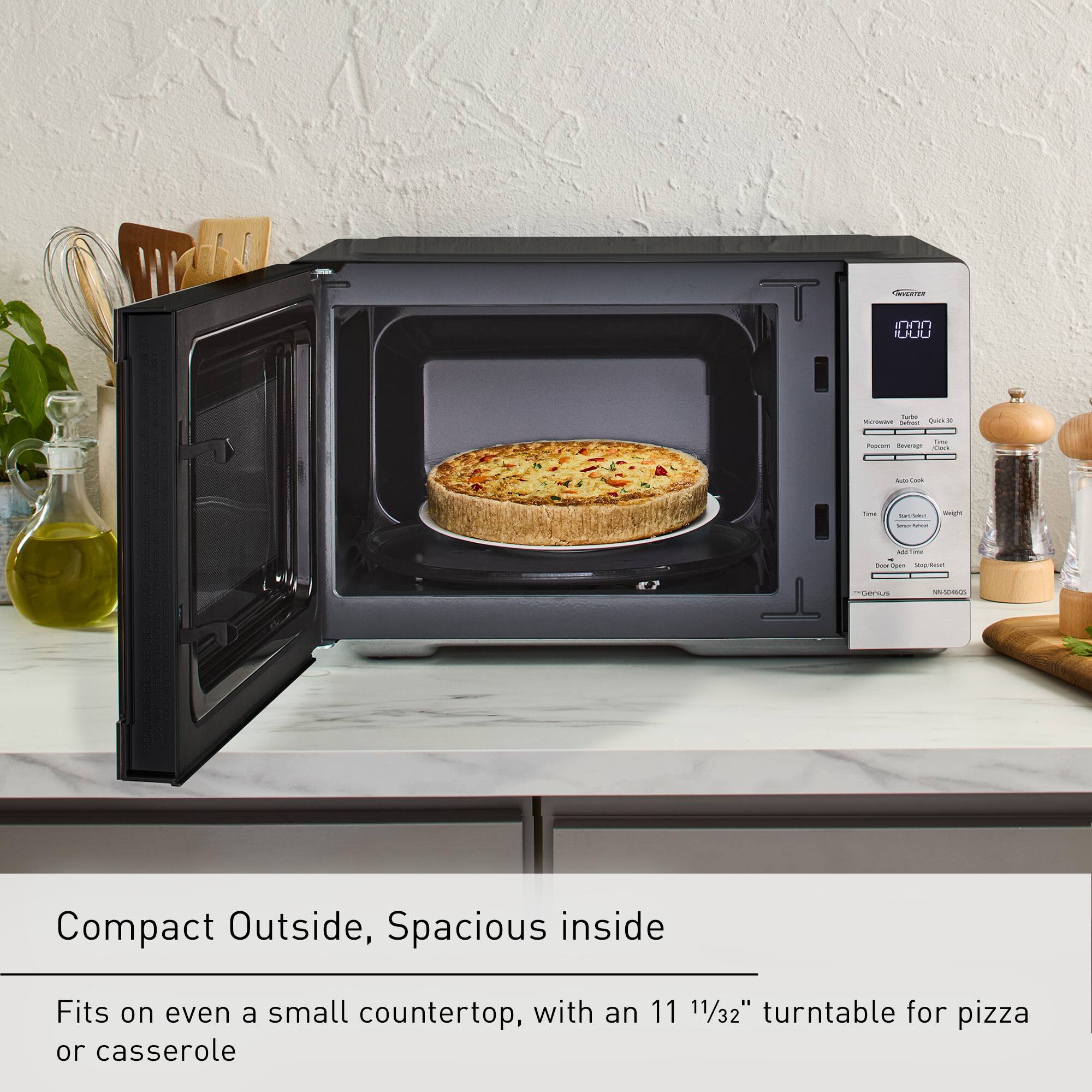 Compact Outside, Spacious Inside. Fits on even a small countertop, with an 11 11/32" turntable for pizza or casserole.