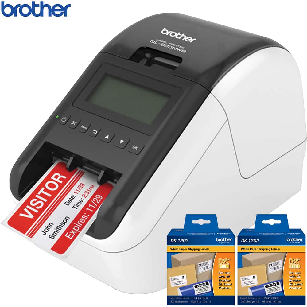 Brother - QL-820NWB Professional Thermal Label Printer with Multiple Connectivity Options + 600 White Paper Labels DK1202 Bundle - White/Black