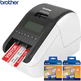 Brother - QL-820NWB Professional Thermal Label Printer with Multiple Connectivity Options + 600 White Paper Labels DK1202 Bundle - White/Black