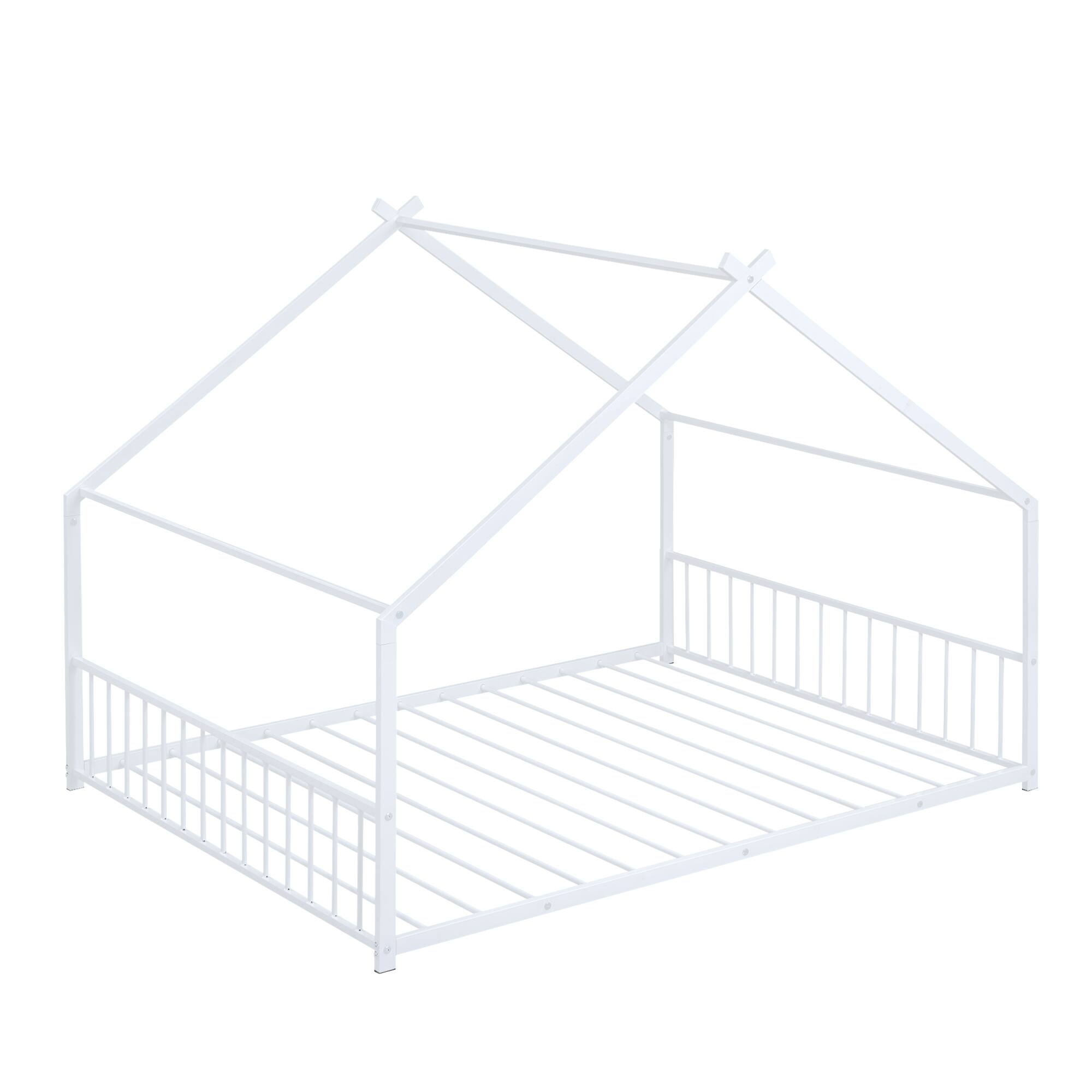 Back. GOODSILO - Full Size Metal House Bed with Playhouse Roof Design for Kids Room Furniture and Sleep Space - White.