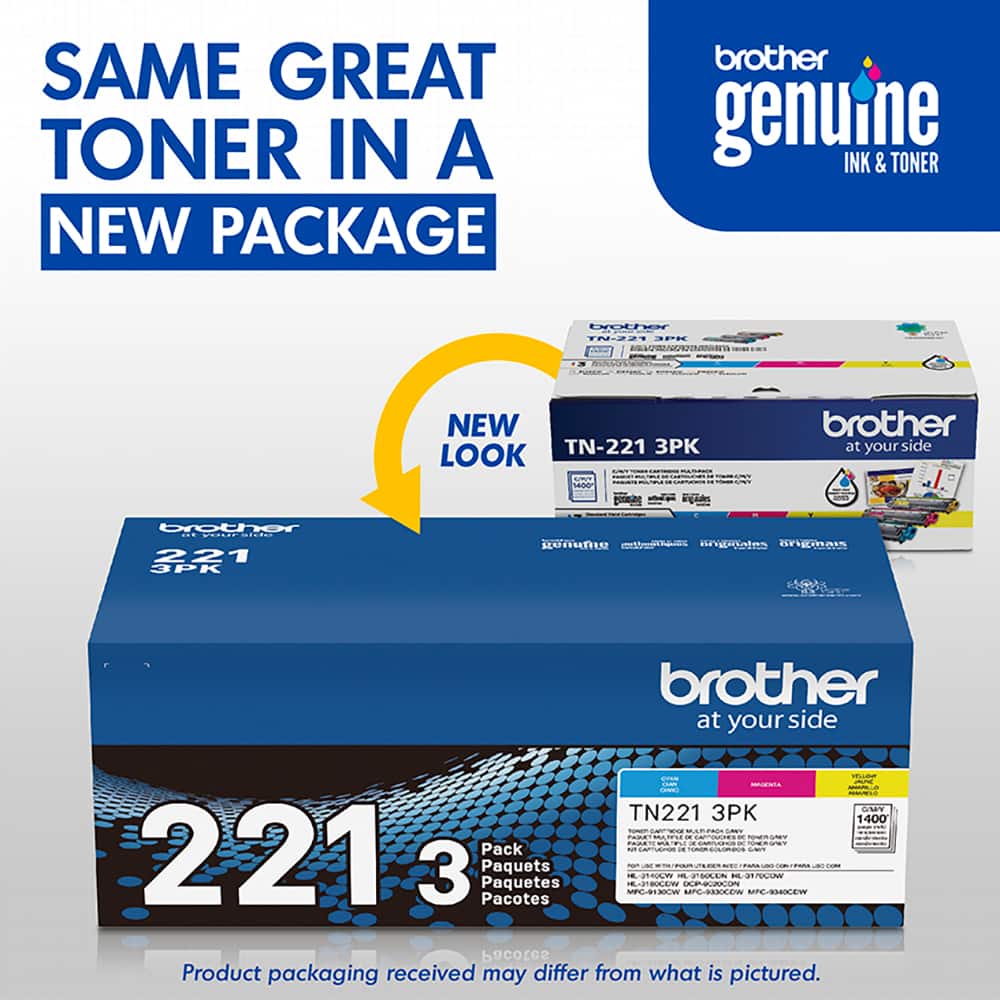 SAME GREAT TONER IN A NEW PACKAGE brother genuine INK & TONER brother FELT SEAL nto NEW TN-221 3PK LOOK LAUT add brother at your side Drother ... 221 3P RUOumO A brother at your side I - i - CA TN221 3PK 1400 - EAF'OUCRES - - - 2213 Pack - - das Paquets ngot 3 Paquetes Pacotes H218004/0 MCESW 180LT APSLIS nA MTCOON LA7OW MPESAAN Pacotes Product packaging received may differ from what is pictured.