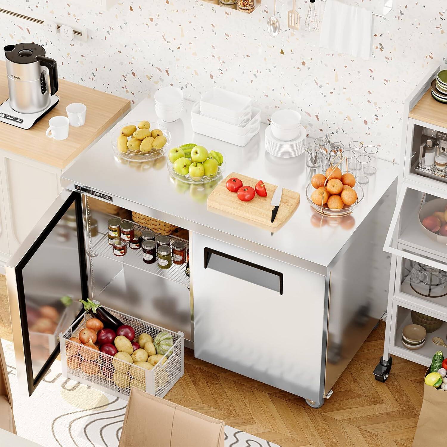 Angle. GARVEE - 48" Stainless Steel Sandwich Prep Table Refrigerator Commercial Food Prep Fridge with Food Rail  Cooling Storage Counter - sliver.