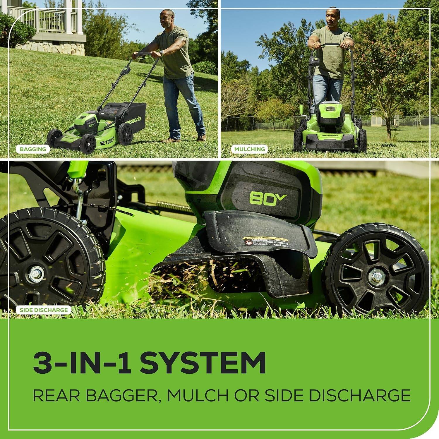 BAGGING  
MULCHING  
SIDE DISCHARGE  

3-IN-1 SYSTEM  
REAR BAGGER, MULCH OR SIDE DISCHARGE