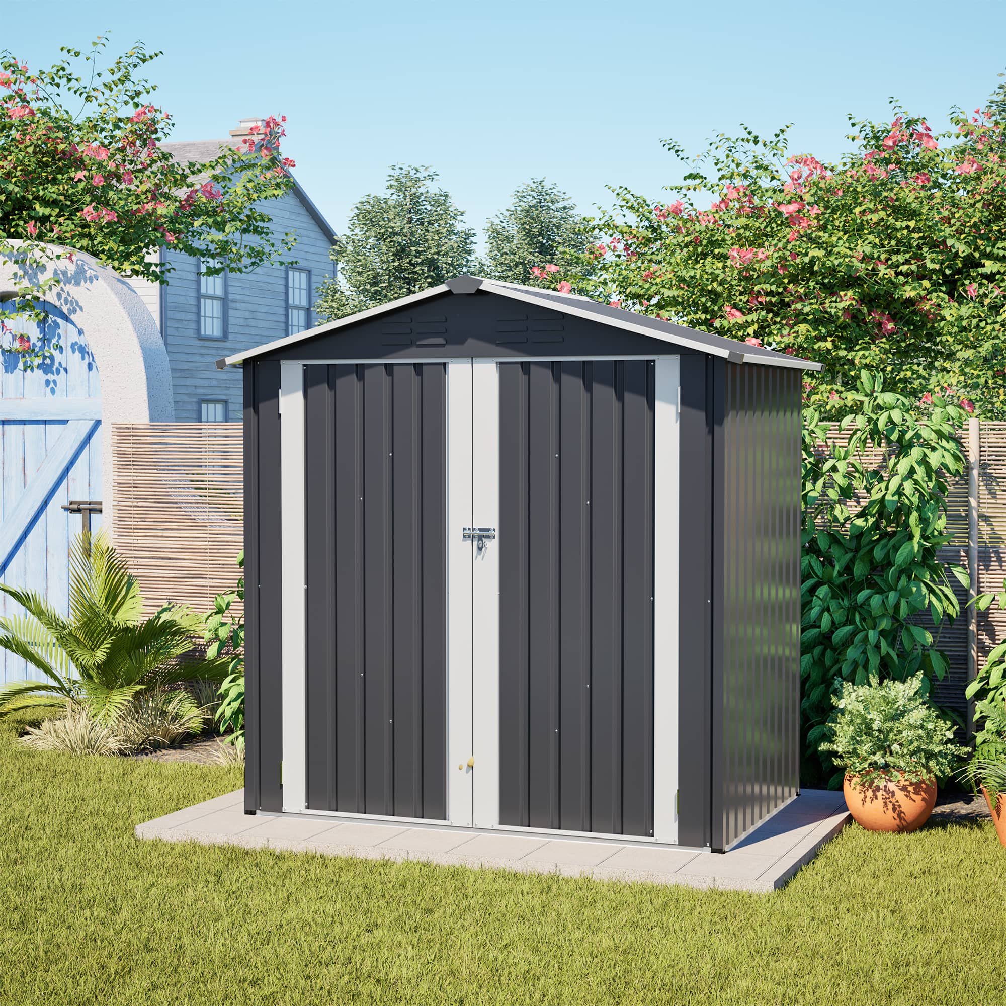 Loheer - 6'x4' Metal Outdoor Storage Shed with Sloped Roof and Lockable Door - Gray