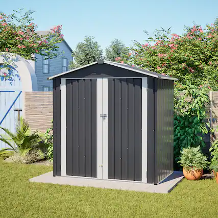 Front. Loheer - 6'x4' Metal Outdoor Storage Shed with Sloped Roof and Lockable Door - Gray.
