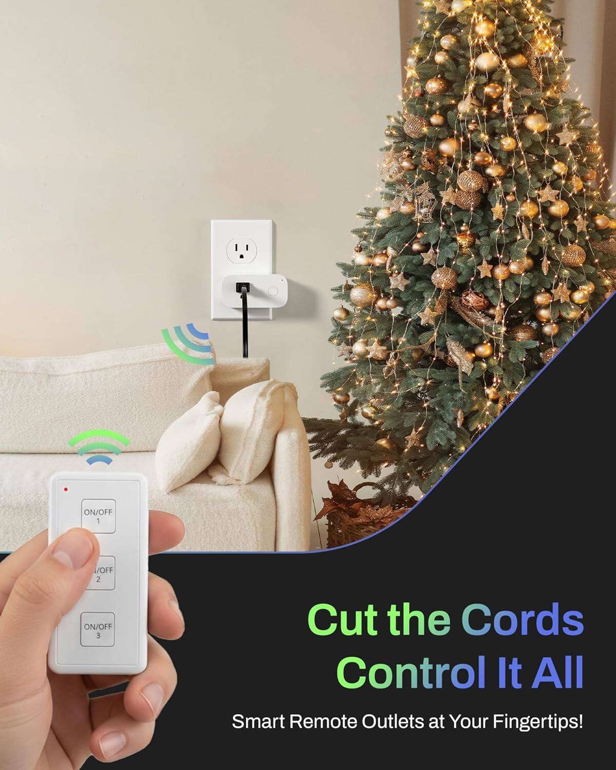 ON/OFF 1 OFF 2 ON/OFF 3  
Cut the Cords  
Control It All  
Smart Remote Outlets at Your Fingertips!