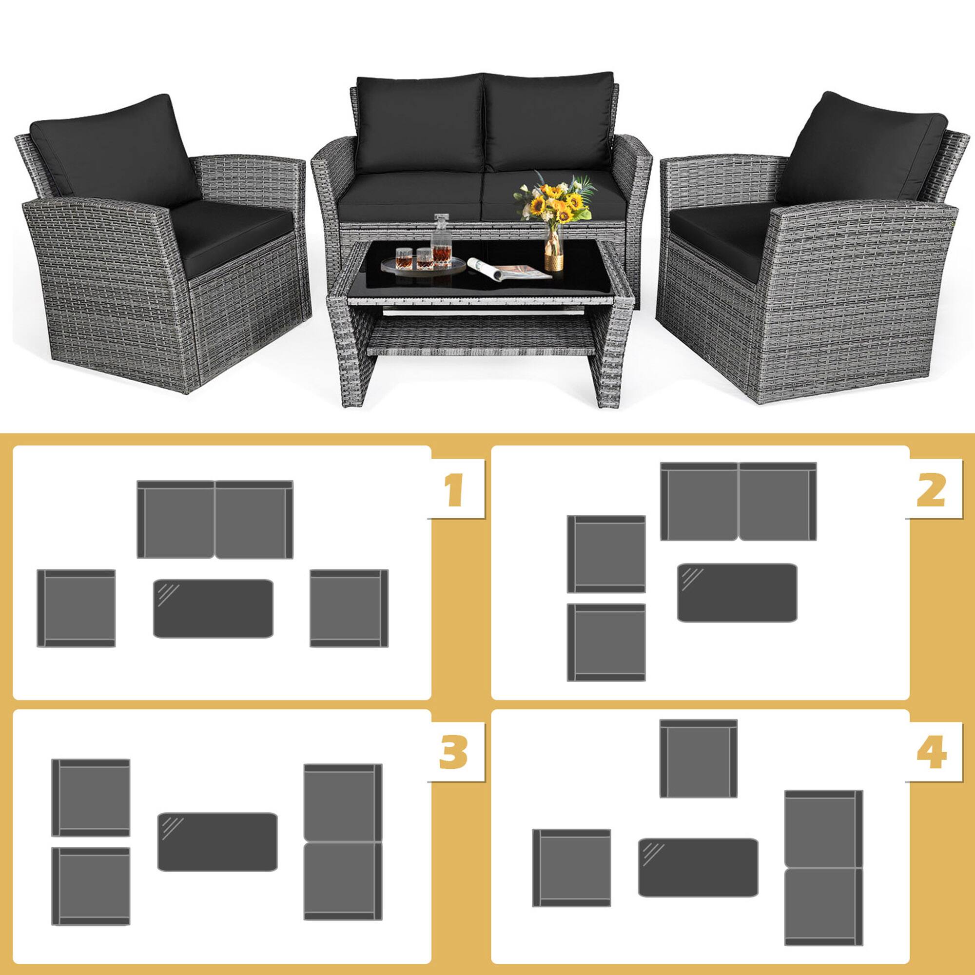 Alt View 5. Gymax - Gymax 4PCS Patio Rattan Conversation Set Outdoor Furniture Set w/ Black Cushions - Black.