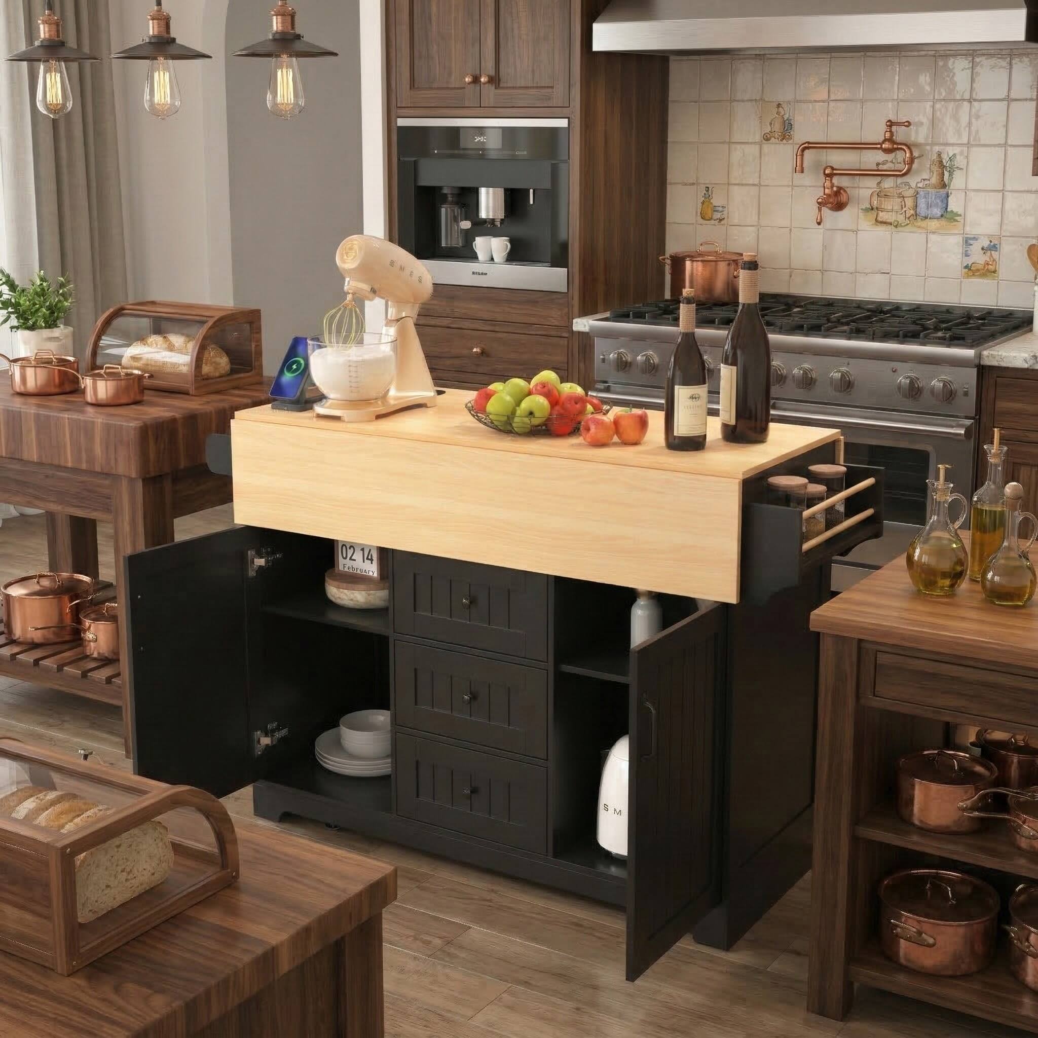 Left. Forest'nSky - 55.7" Rolling Kitchen Island with 2 Drop-Leaf Tables – Power Outlet, 3 Drawers, Spice & Towel Racks, Black - Black.