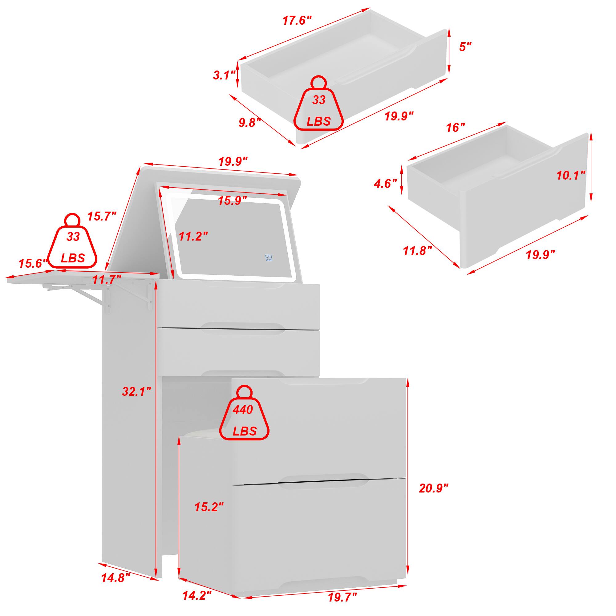 Here is the corrected and grouped text based on the image:

- Dimensions: 17.6", 5", 3.1", 9.8", 19.9", 11.7", 15.6", 11.2", 15.7", 16", 33 LBS, 15.2", 20.9", 14.8", 14.2", 19.7", 32.1", 440 LBS, 4.6", 11.8", 10.1", 15.9"
- Load Capacity: 33 LBS, 440 LBS