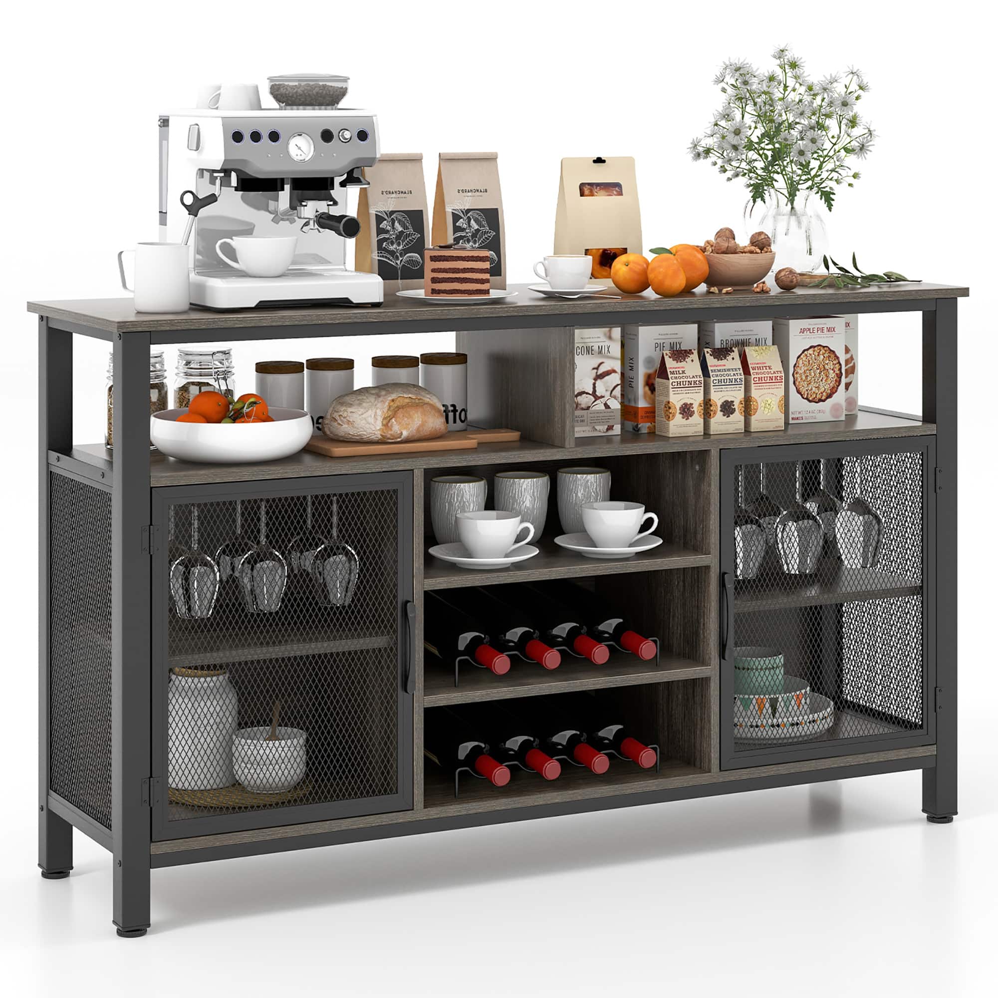 Gymax - Wine Bar Cabinet 55-Inch Buffet Sideboard with 8-Bottle Wine Racks Gray - Gray + Black price history on PriceWatchPro