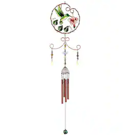 FC Design - 33" Long Green Hummingbird w/ Pink Flower Copper and Gem Wind Chime Outdoor Patio or Garden Hanging Decoration - Multi-Color