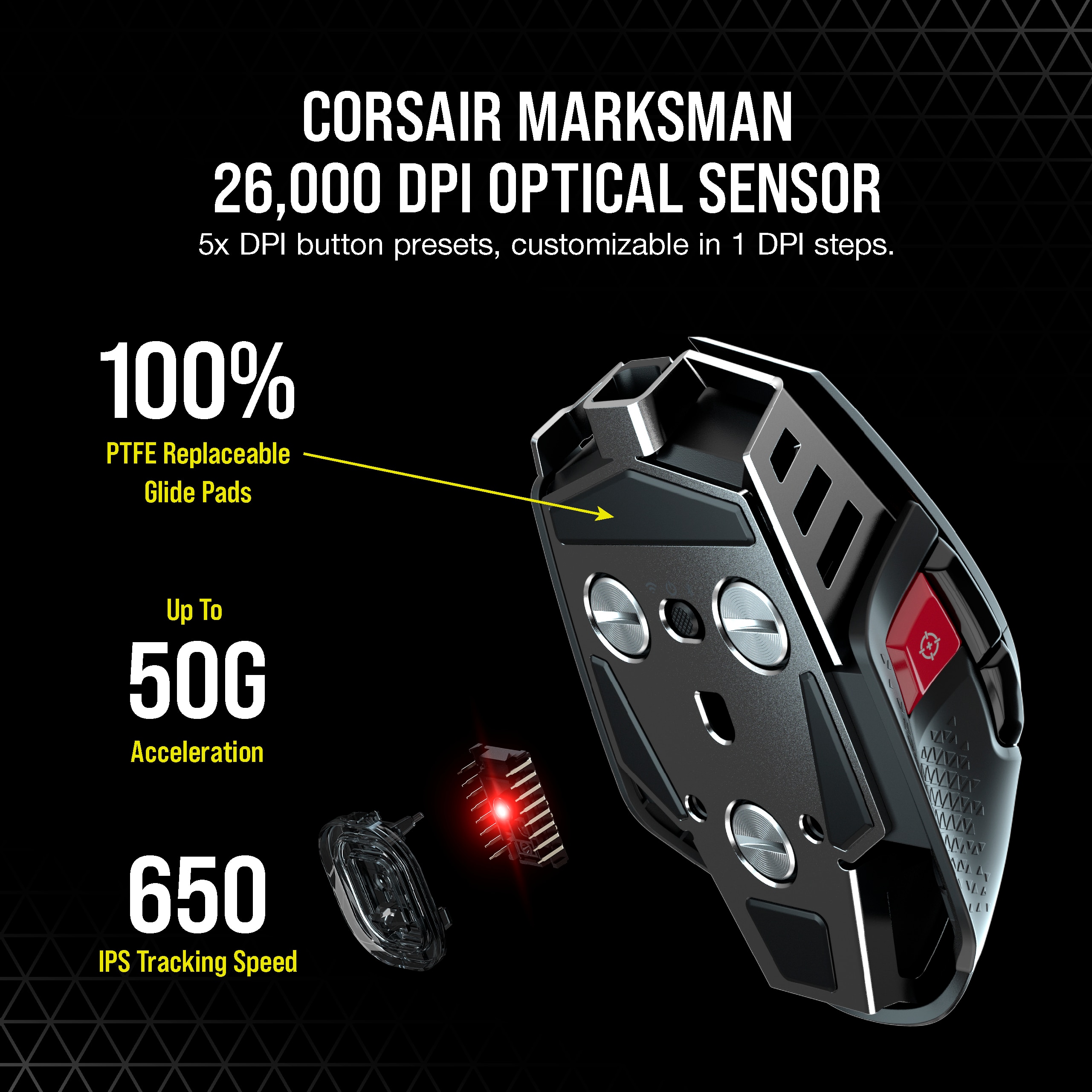 Corsair Marksman 26,000 DPI Optical Sensor: 5x DPI button presets, customizable in 1 DPI steps. 100% PTFE replaceable glide pads. Up to 50G acceleration. 650 IPS tracking speed. VAA MAX WW WWW WW MAA N MI.