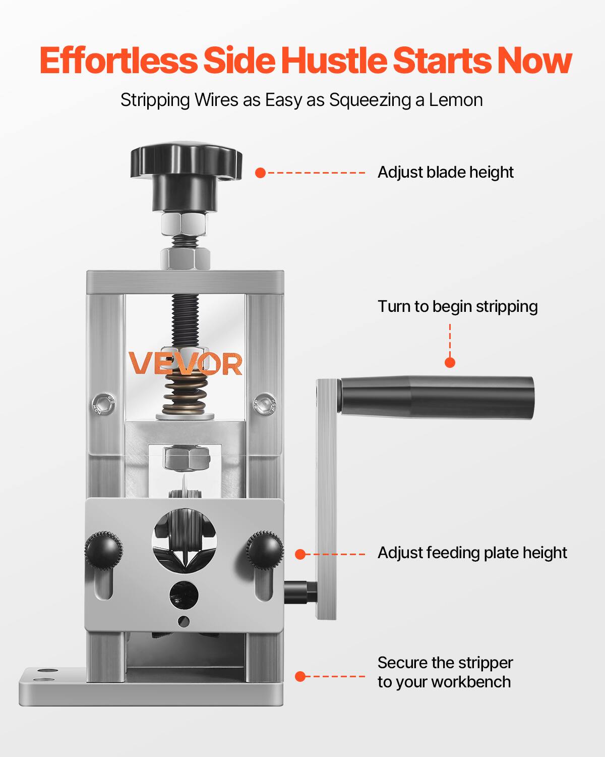 Effortless Side Hustle Starts Now  
Stripping Wires as Easy as Squeezing a Lemon  

- Adjust blade height  
- Turn to begin stripping  
- Adjust feeding plate height  
- Secure the stripper to your workbench