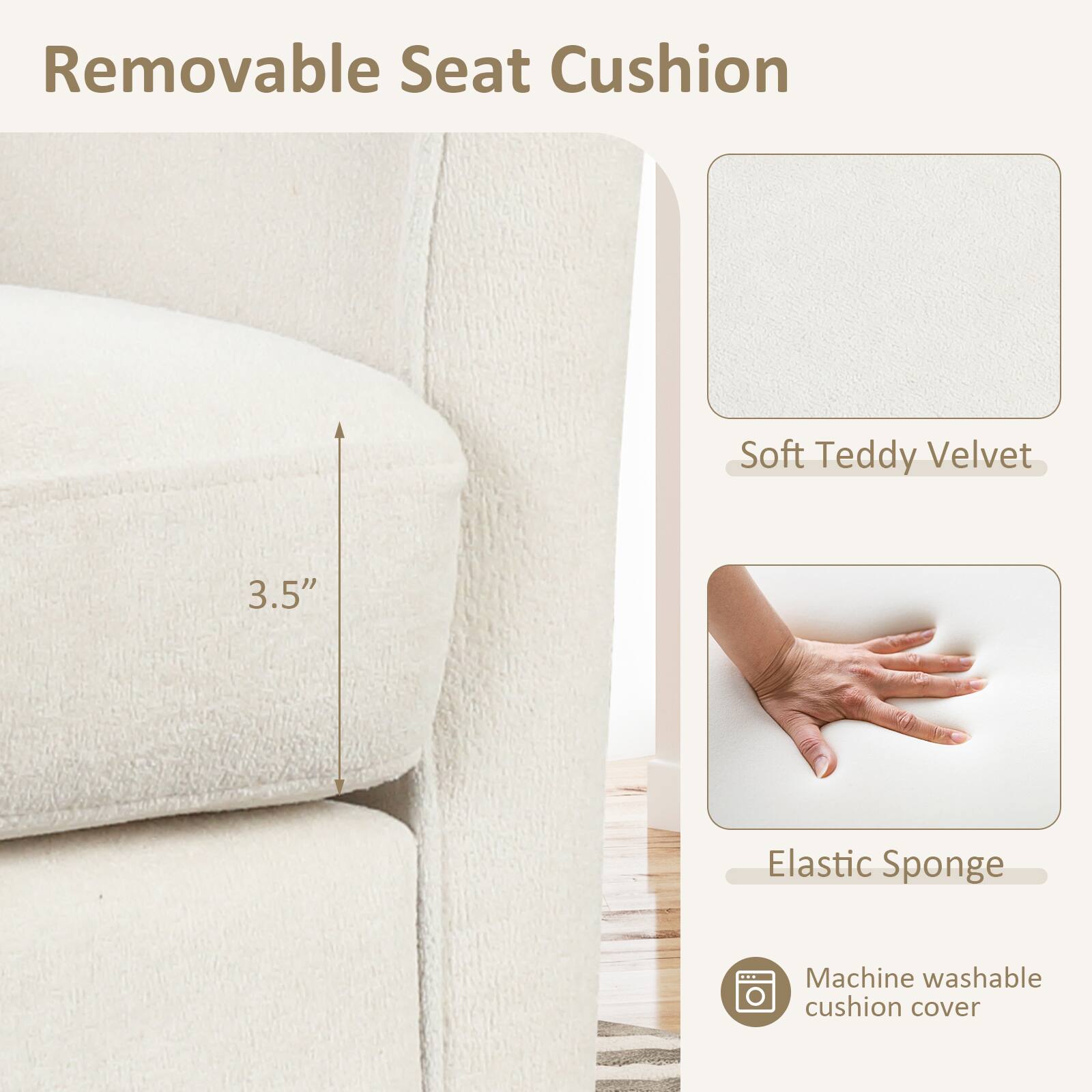 Removable Seat Cushion, Soft Teddy Velvet, 3.5", Elastic Sponge, Machine washable cushion cover