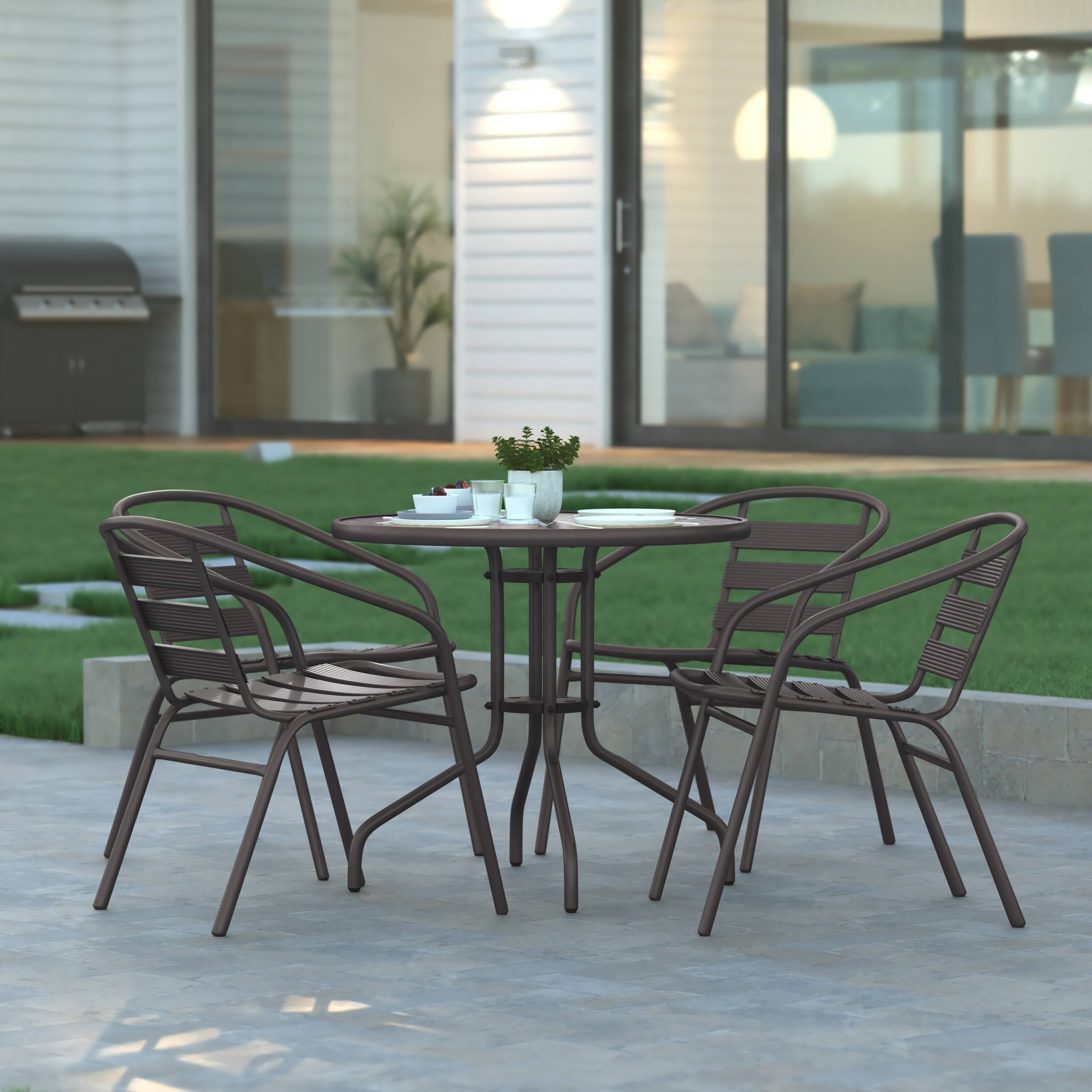 Alt View 2. Emma + Oliver - 4 Pack Metal Restaurant Stack Chair with Aluminum Slats - Bronze.