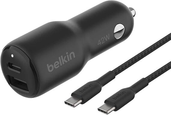 Belkin - CCBOO5btBK Dual (USB-A & C) Car Charger w/ cable (USB- C-C) Black - Black