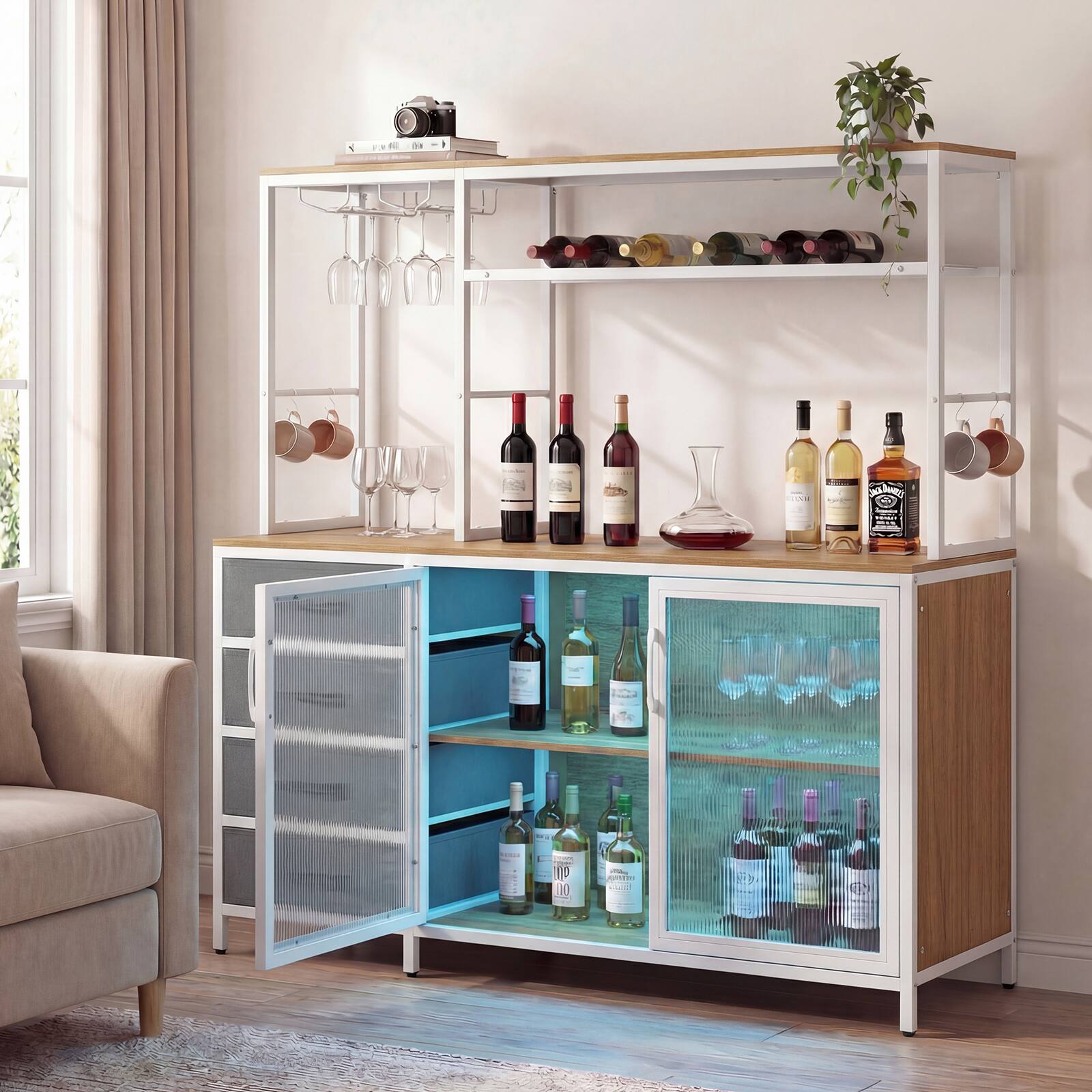 Alt View 1. Gymax - Gymax Sideboard Buffet Cabinet w/ LED Lights 55'' Coffee Table w/ Power Outlets Natural - Yellow.