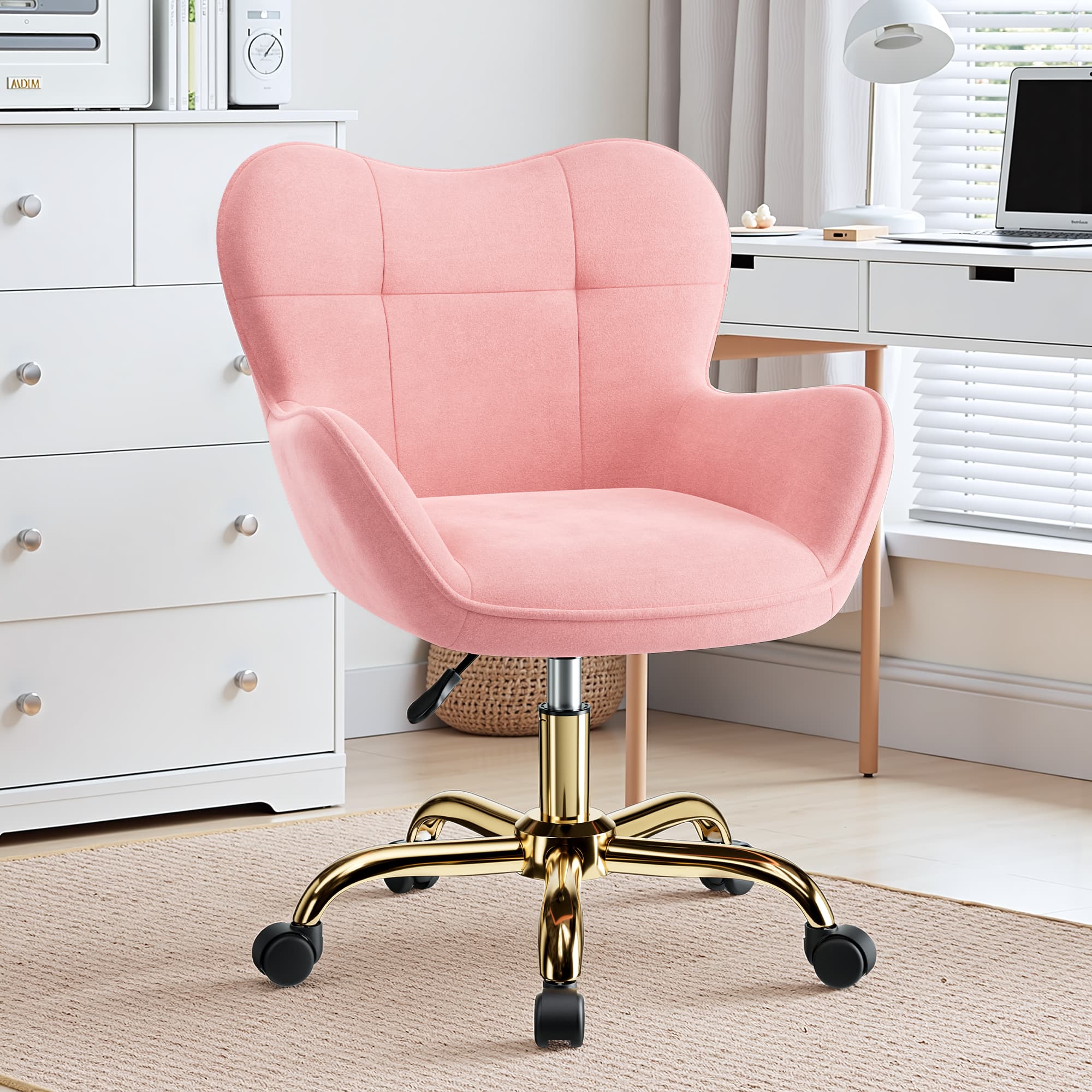 Brick Attic - Vanity Chair with Wheels,Cute Home Office Desk Chairs Adjustable Height,Fluffy Velvet Makeup Chair with Back for Girls - Pink