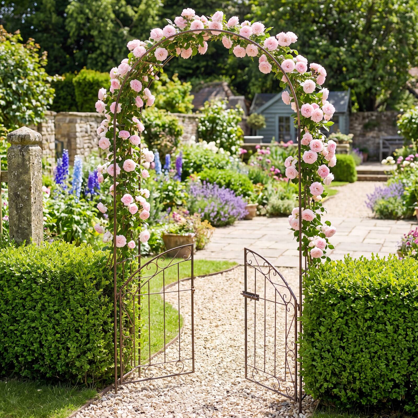 Alt View 6. Gymax - Gymax Garden Arch w/ Gate 79'' Heavy-Duty Metal Arbor Trellis w/ Safety Latch Bronze - Brown.