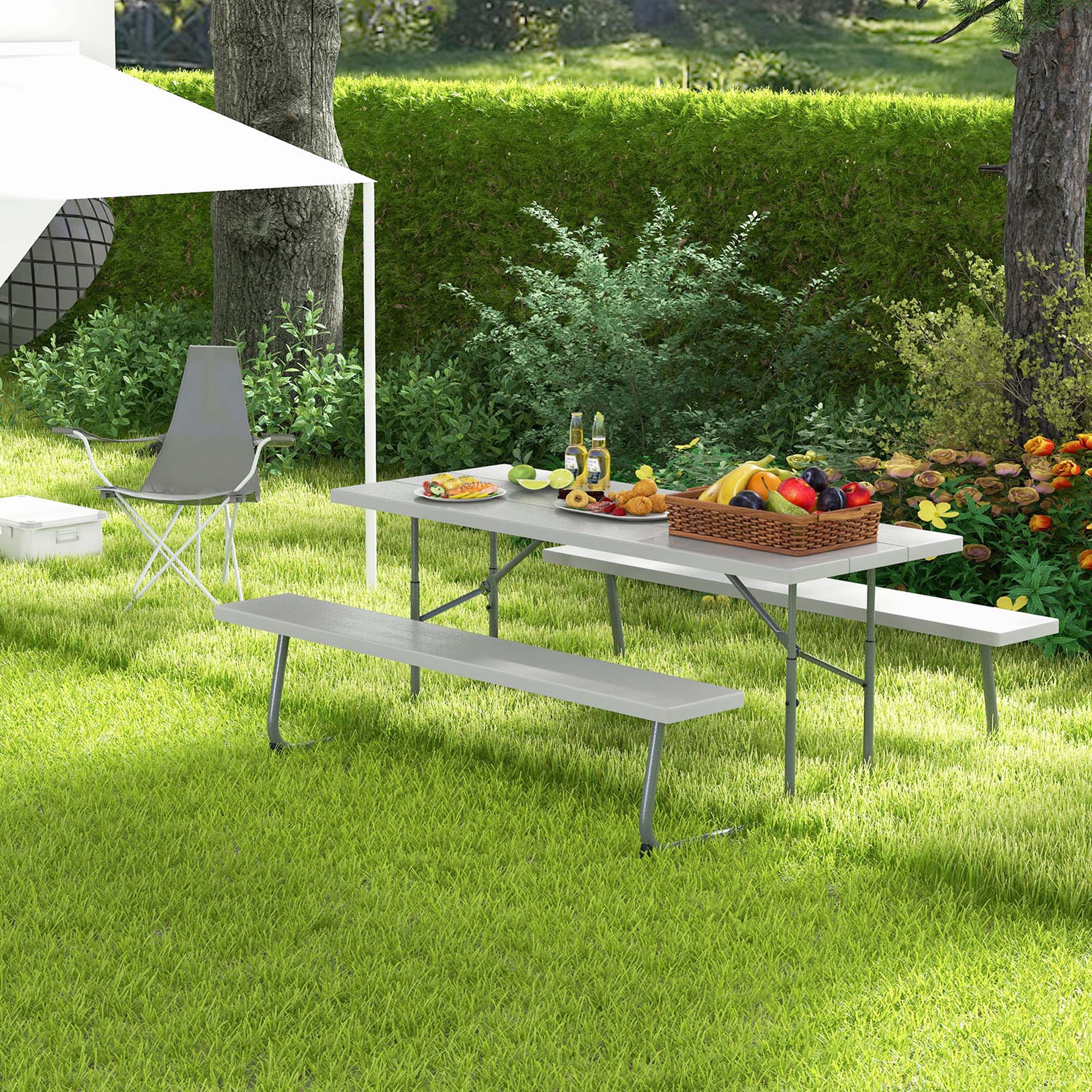 Alt View 3. Costway - Costway Folding Picnic Table with 2 Benches All Weather Wood-like Tabletop Umbrella Hole - Grey.