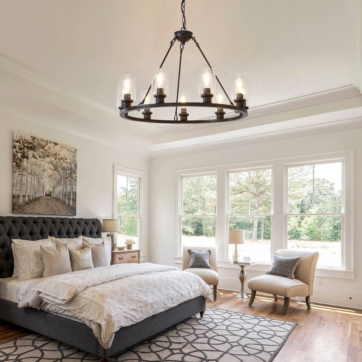 Back. Loheer - Loheer 9 Light Wagon Wheel Chandelier Modern Farmhouse Brown Metal Dining Room Pendant.