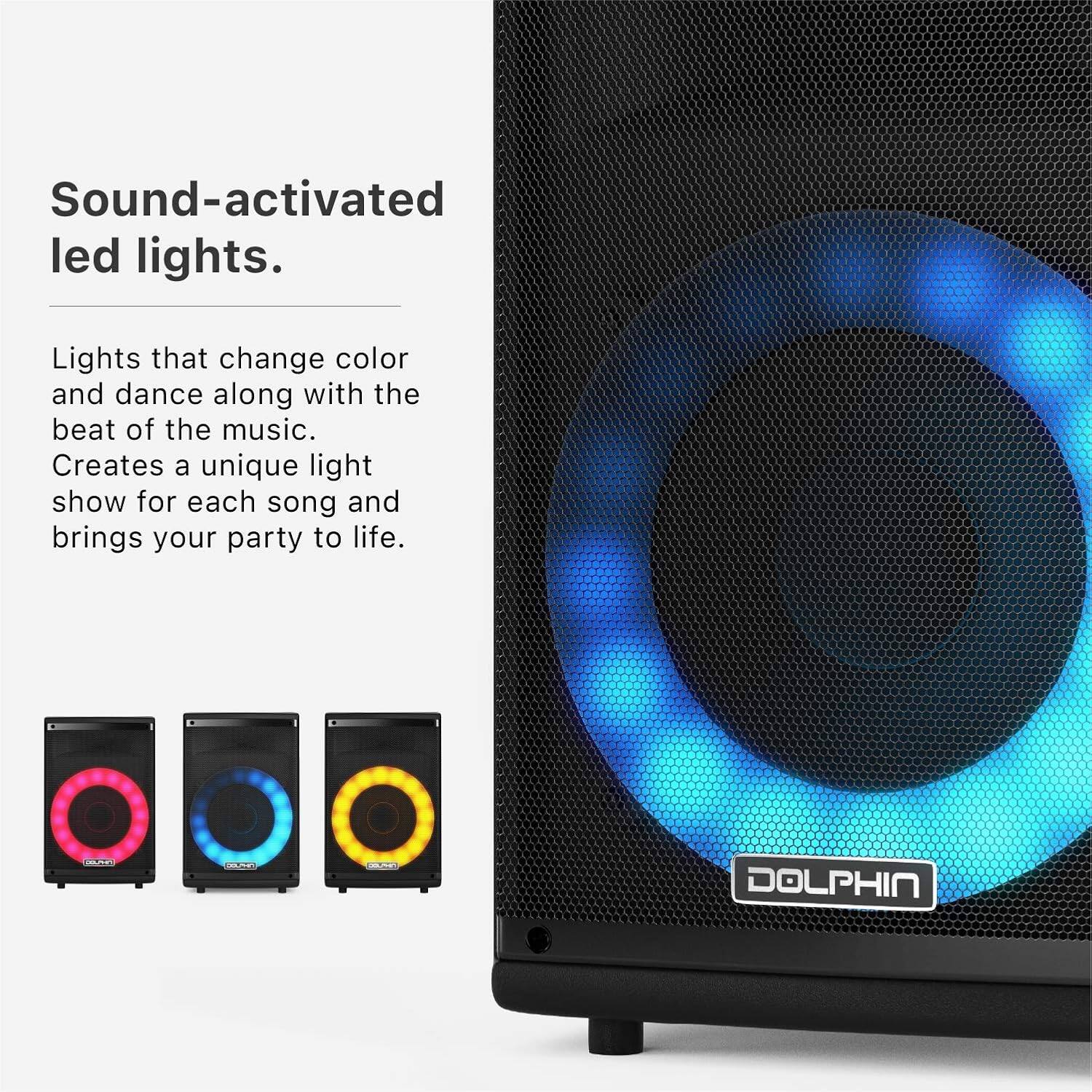 Sound-activated led lights. Lights that change color and dance along with the beat of the music. Creates a unique light show for each song and brings your party to life. E MA DOLPHIN